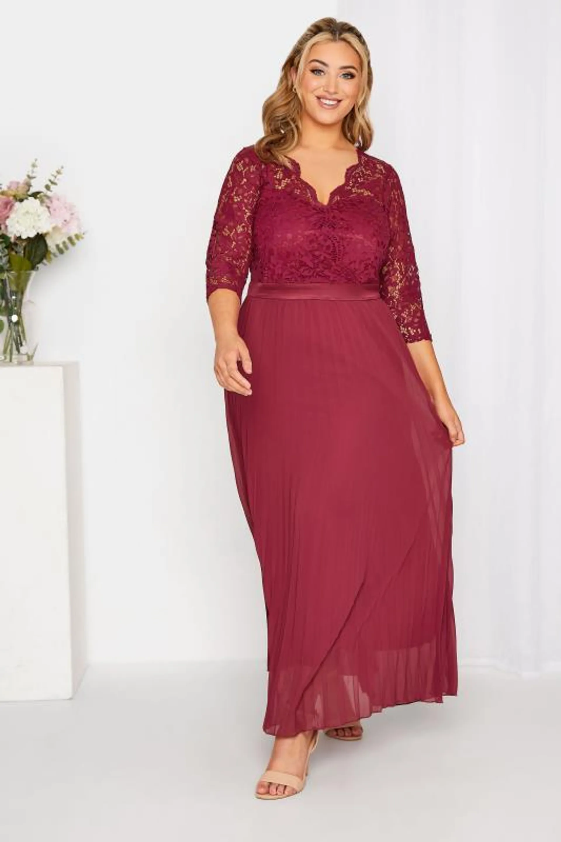 YOURS LONDON Curve Burgundy Red Lace Pleated Maxi Dress