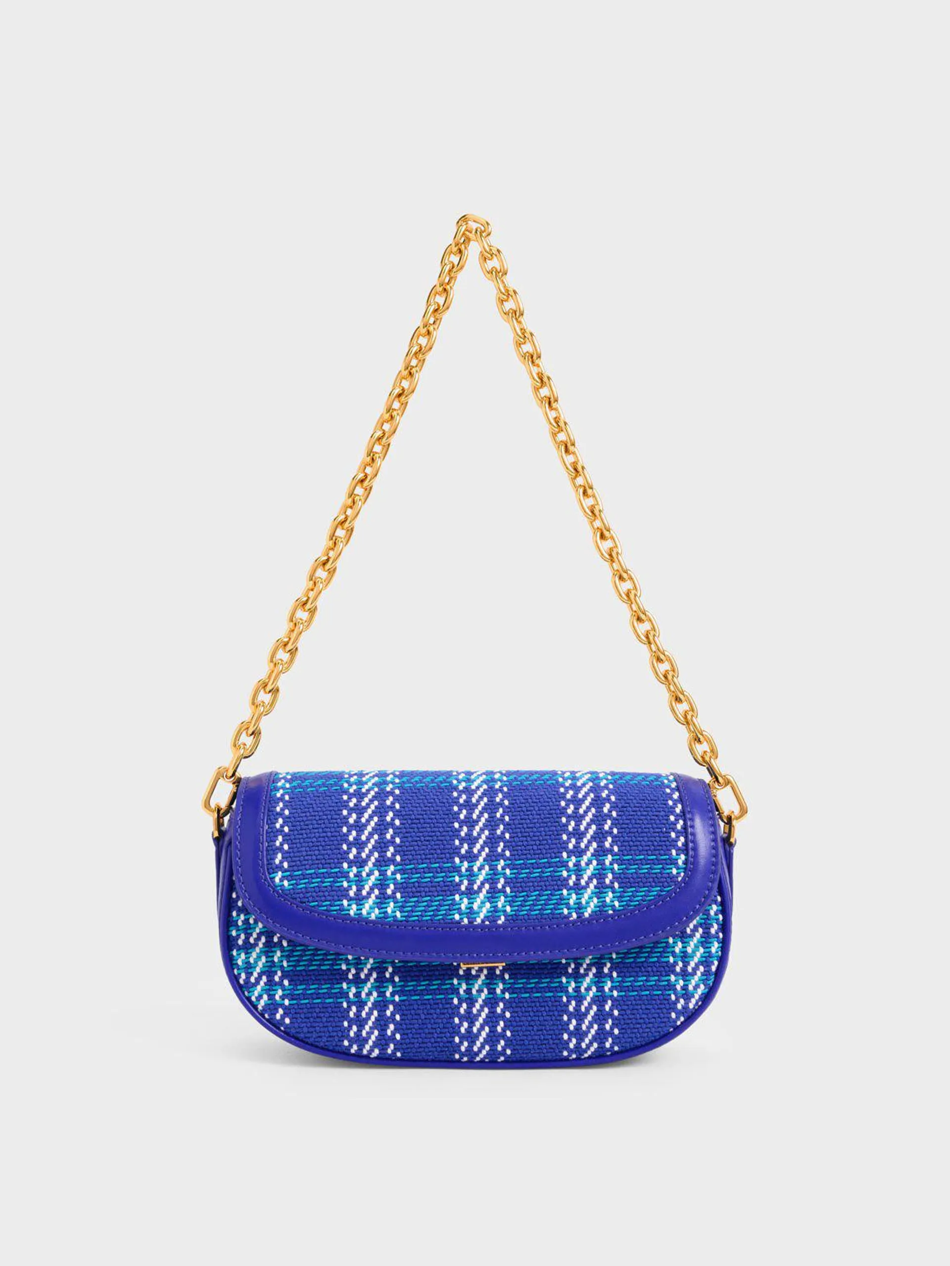 Lillie Tweed Curved Chain Handle Bag - Cobalt