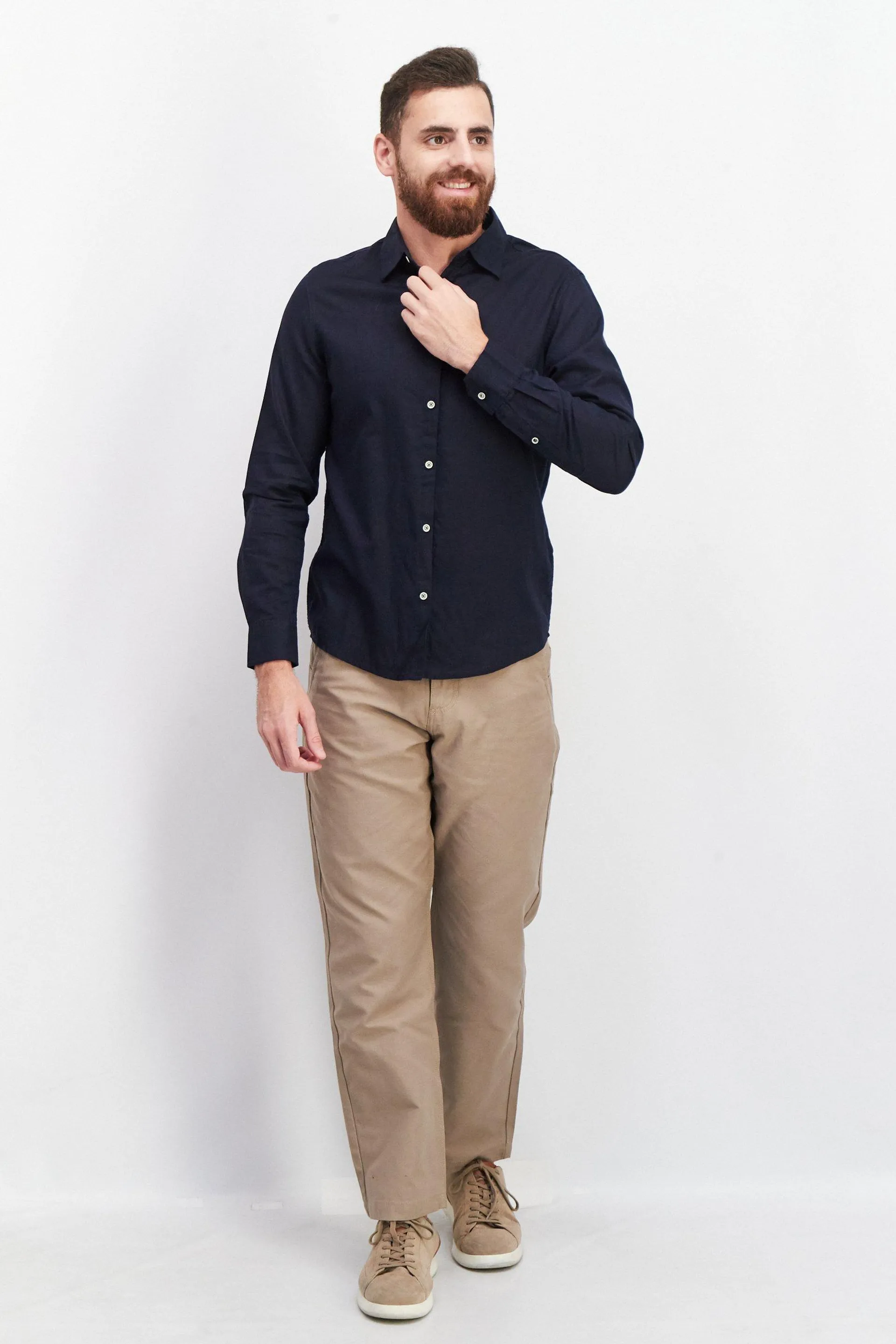 Men Regular Fit Plain Long Sleeve Casual Shirt, Navy