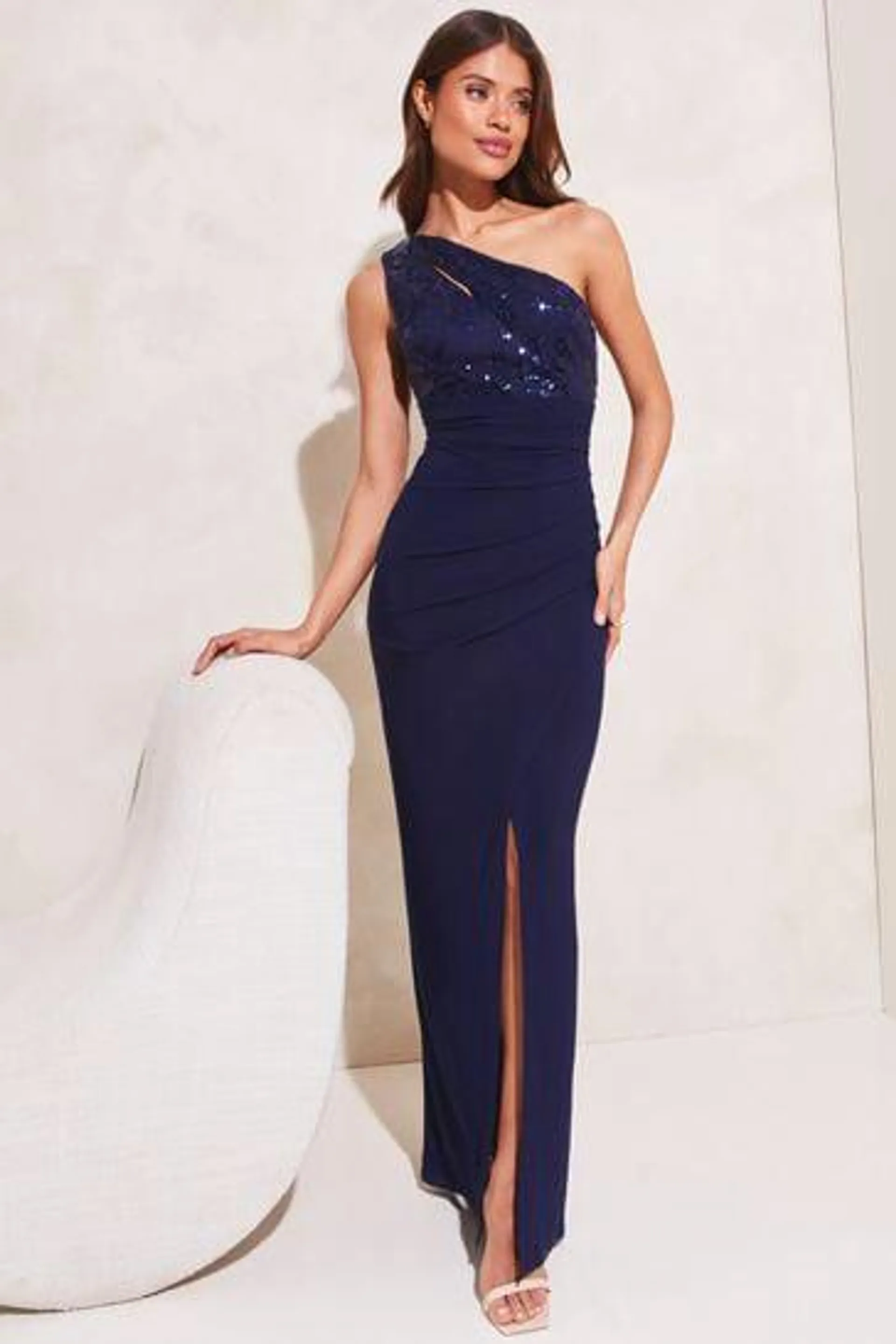Lipsy Sequin One Shoulder Split Maxi Dress