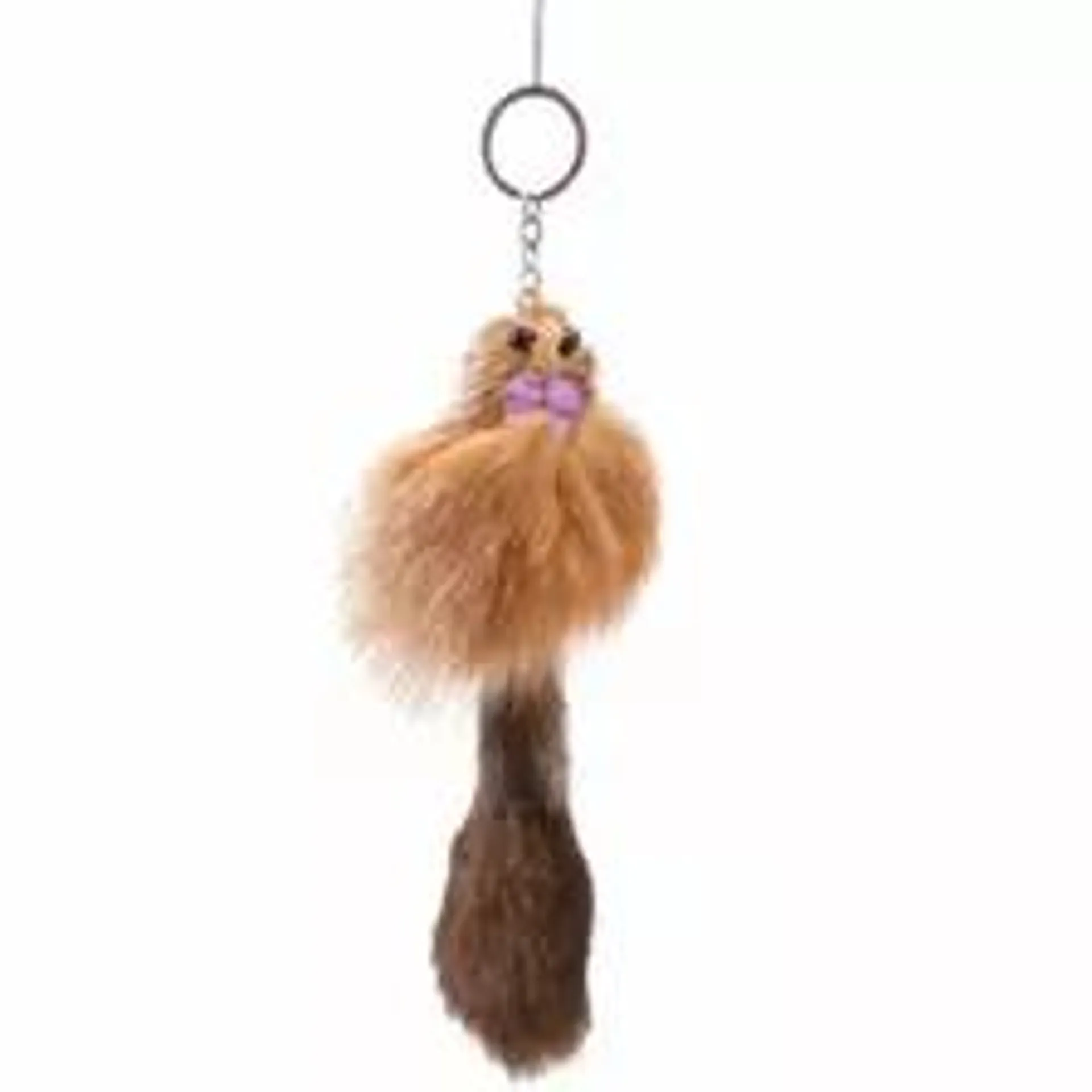 Soft Doll Keychain, Rodent Shape with Soft Fur and Purple Ribbon Keychain, Key Chains for Bags and Keys- Brown and White Fur