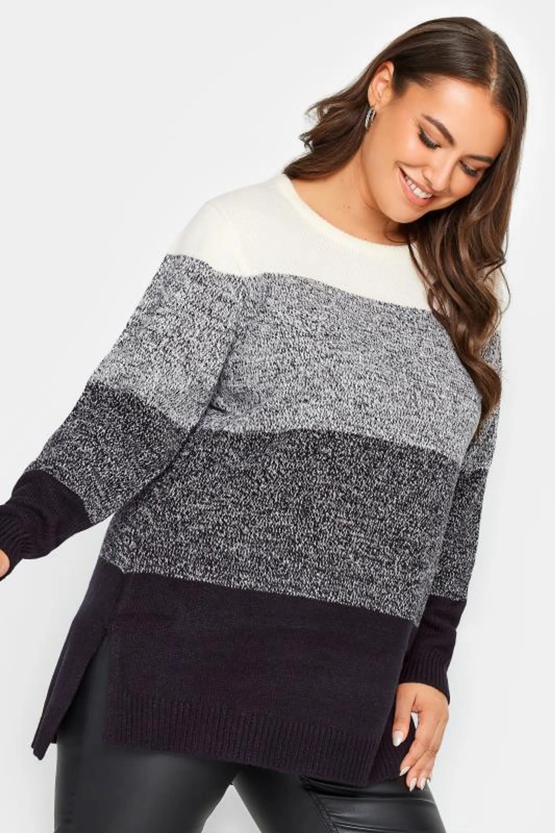 YOURS Curve Grey Colourblock Stripe Knitted Jumper