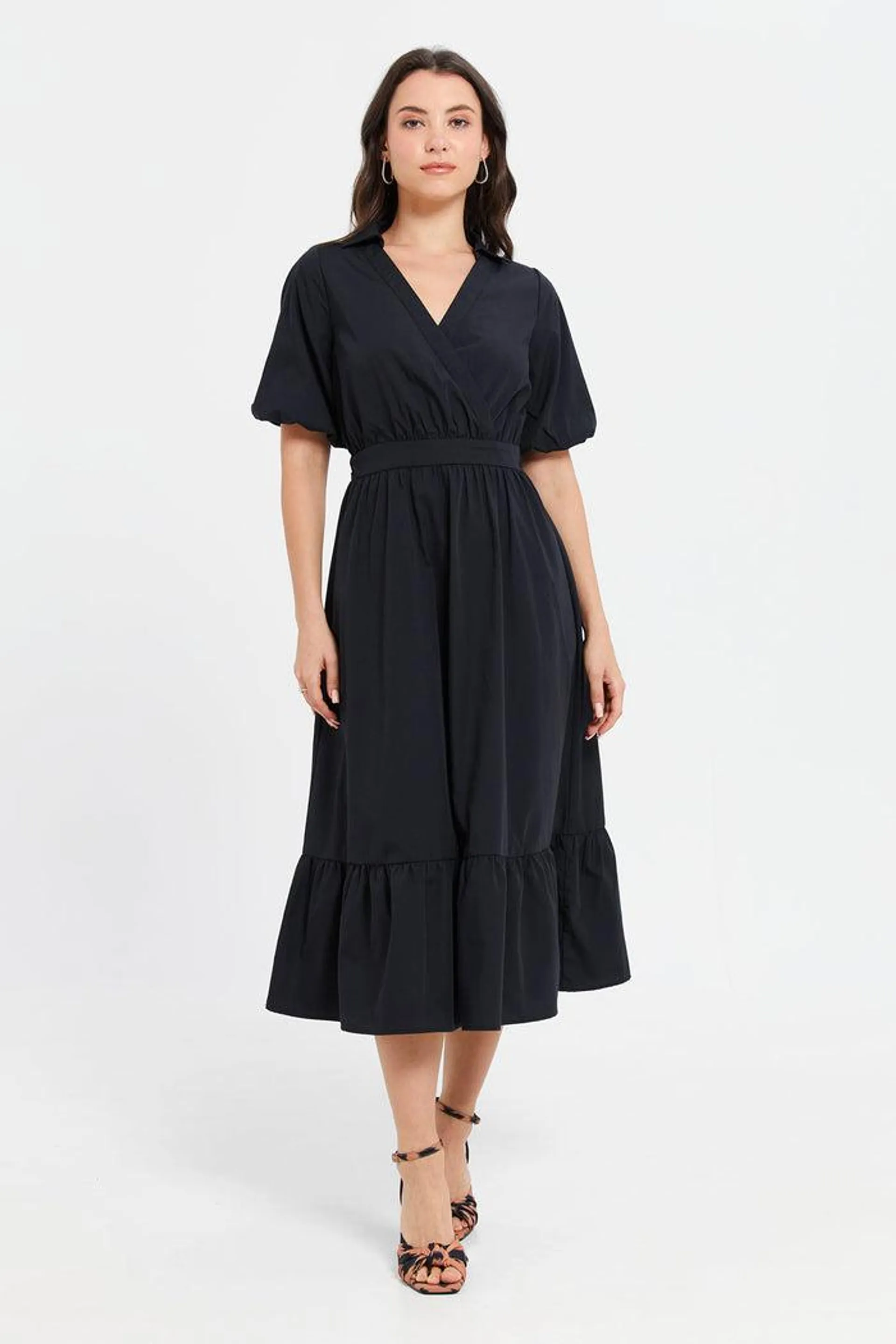 Women Black Poplin Tiered Dress