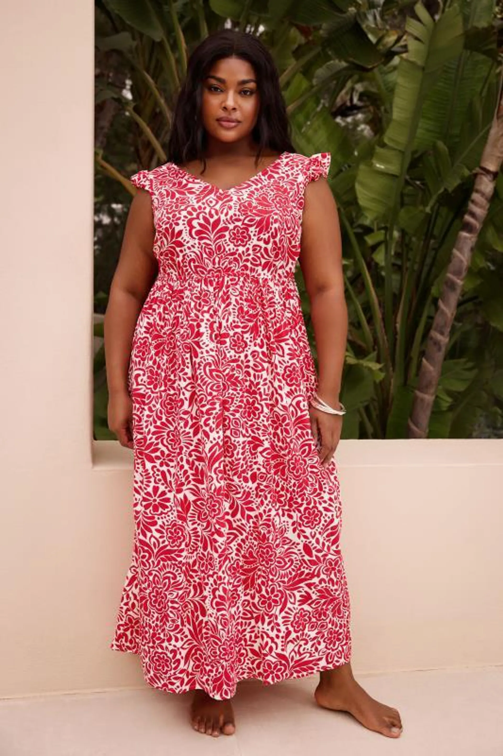 YOURS Curve Red Paisley Print Frill Sleeve Maxi Dress