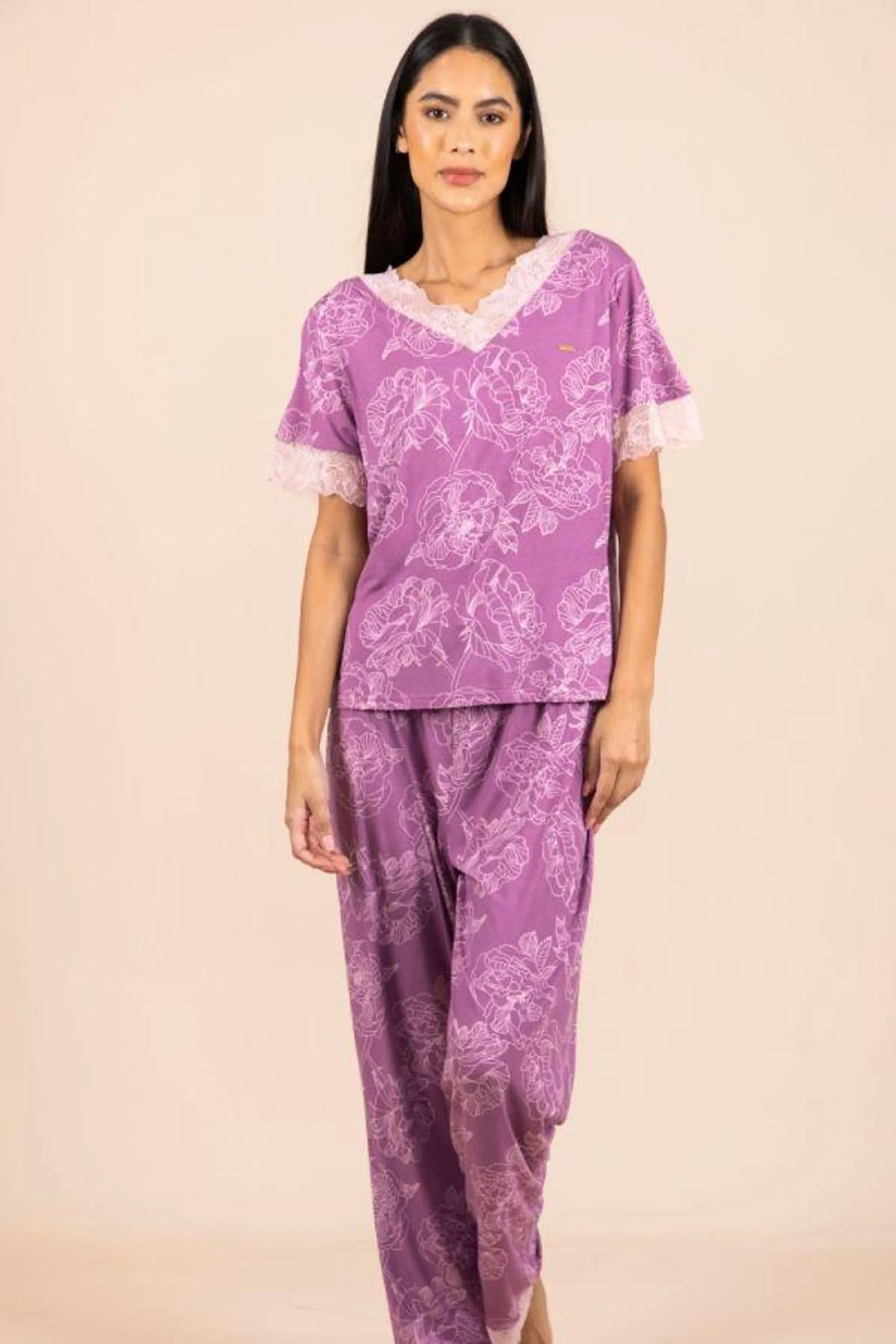 Ladies Mauve Outline Floral PJ