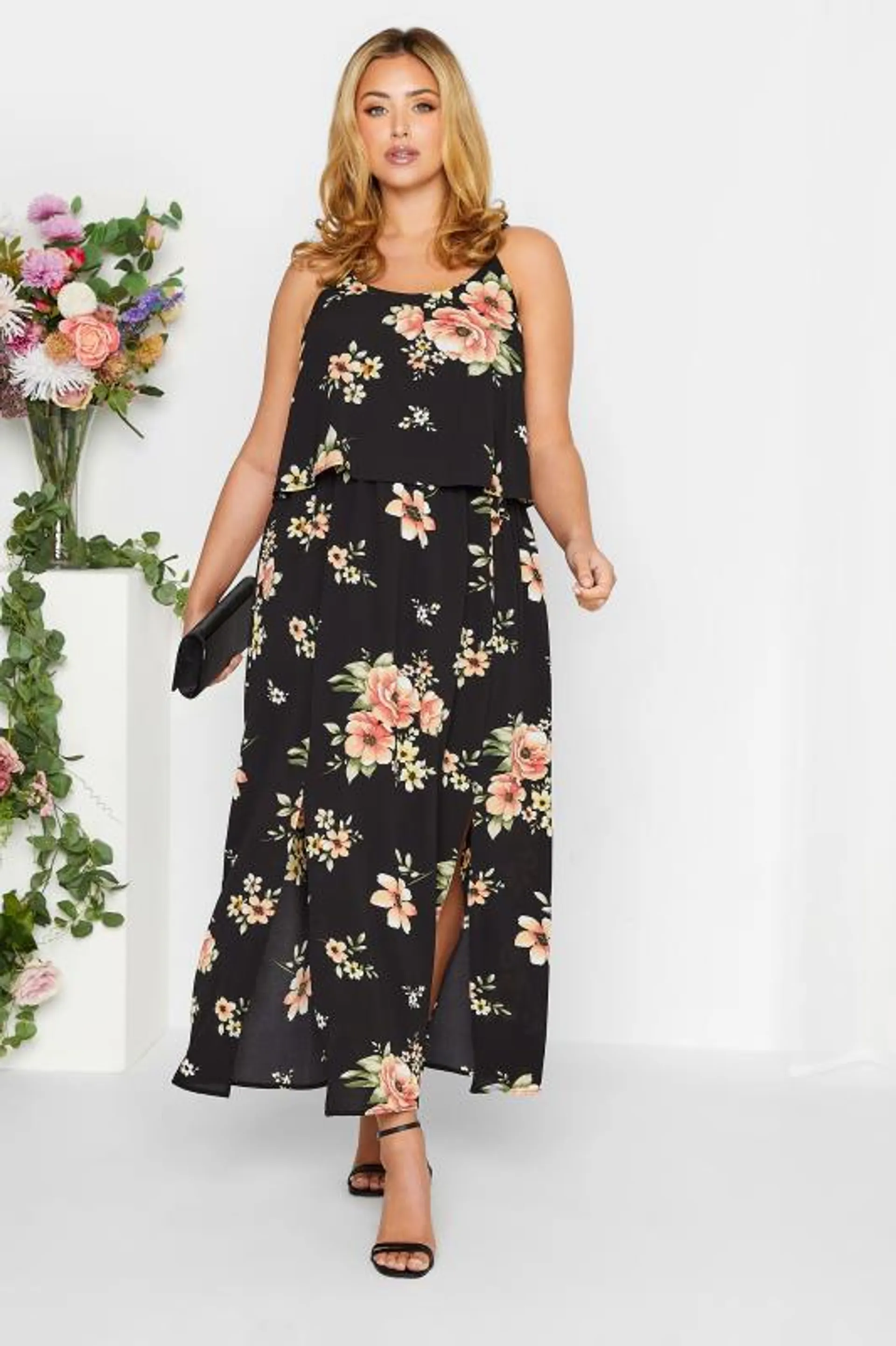 YOURS LONDON Curve Black Floral Overlay Maxi Dress