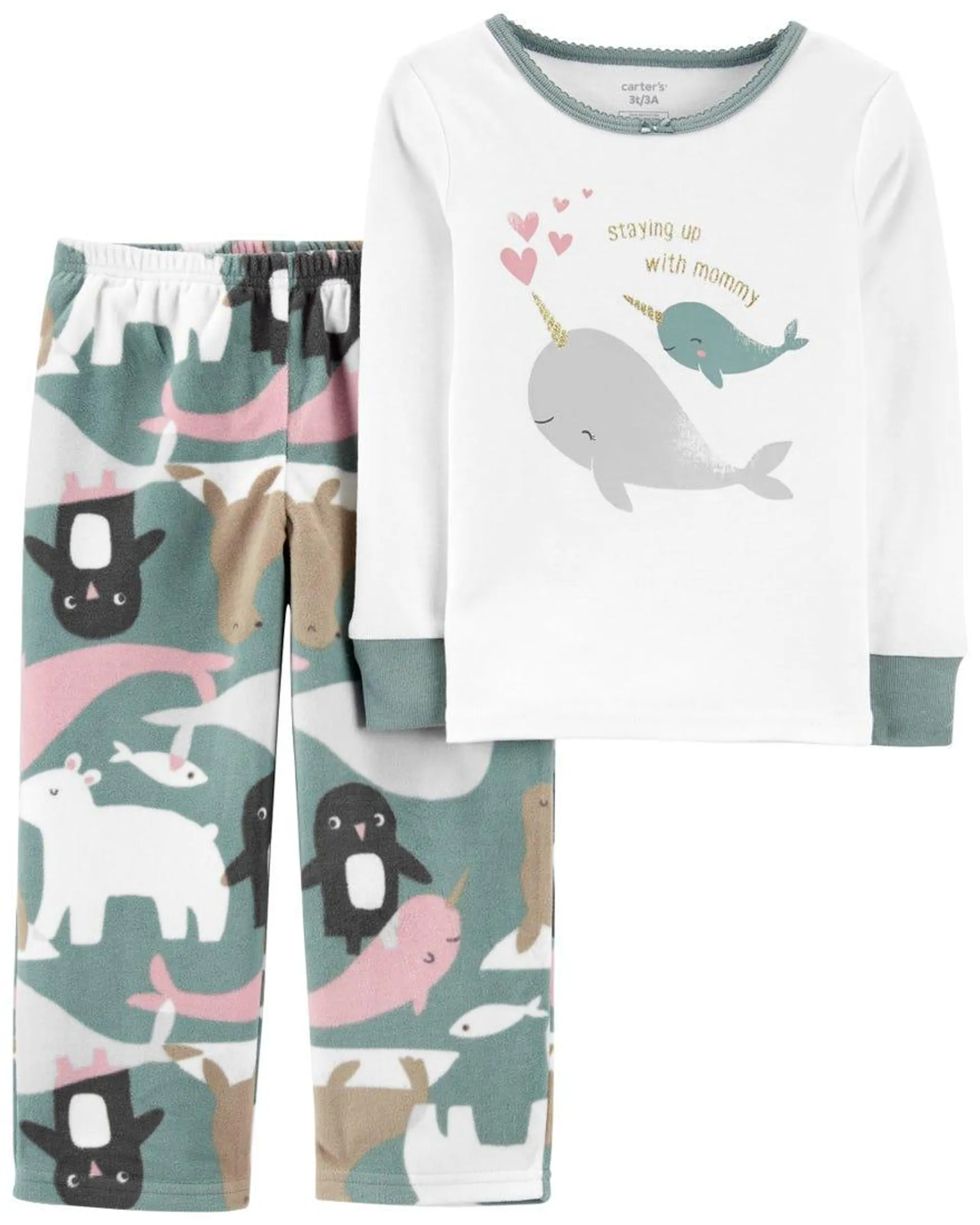 2-Piece Narwhal Cotton & Fleece PJs