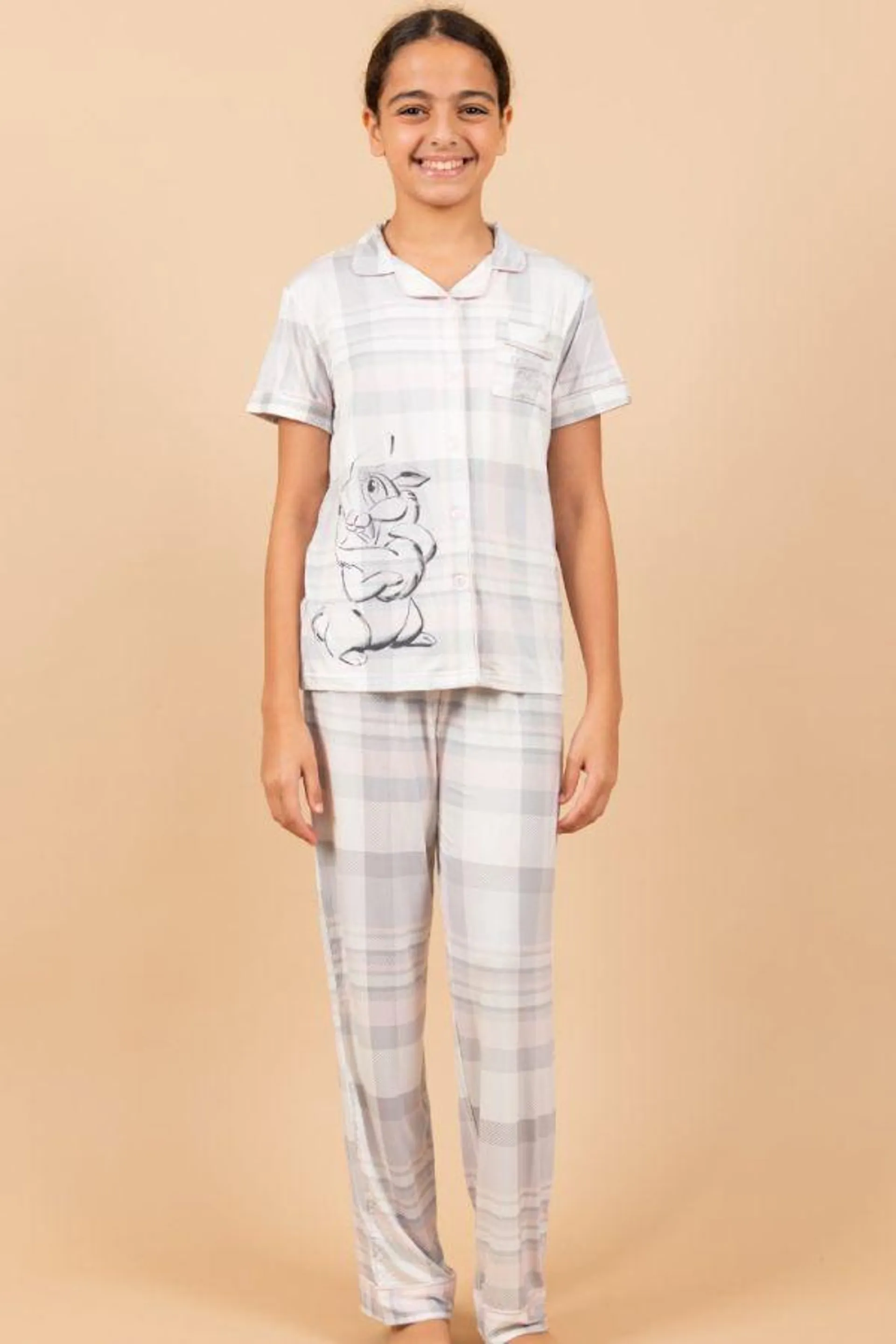 Girls Pink Grey Check Miss Bunny Button Through PJ