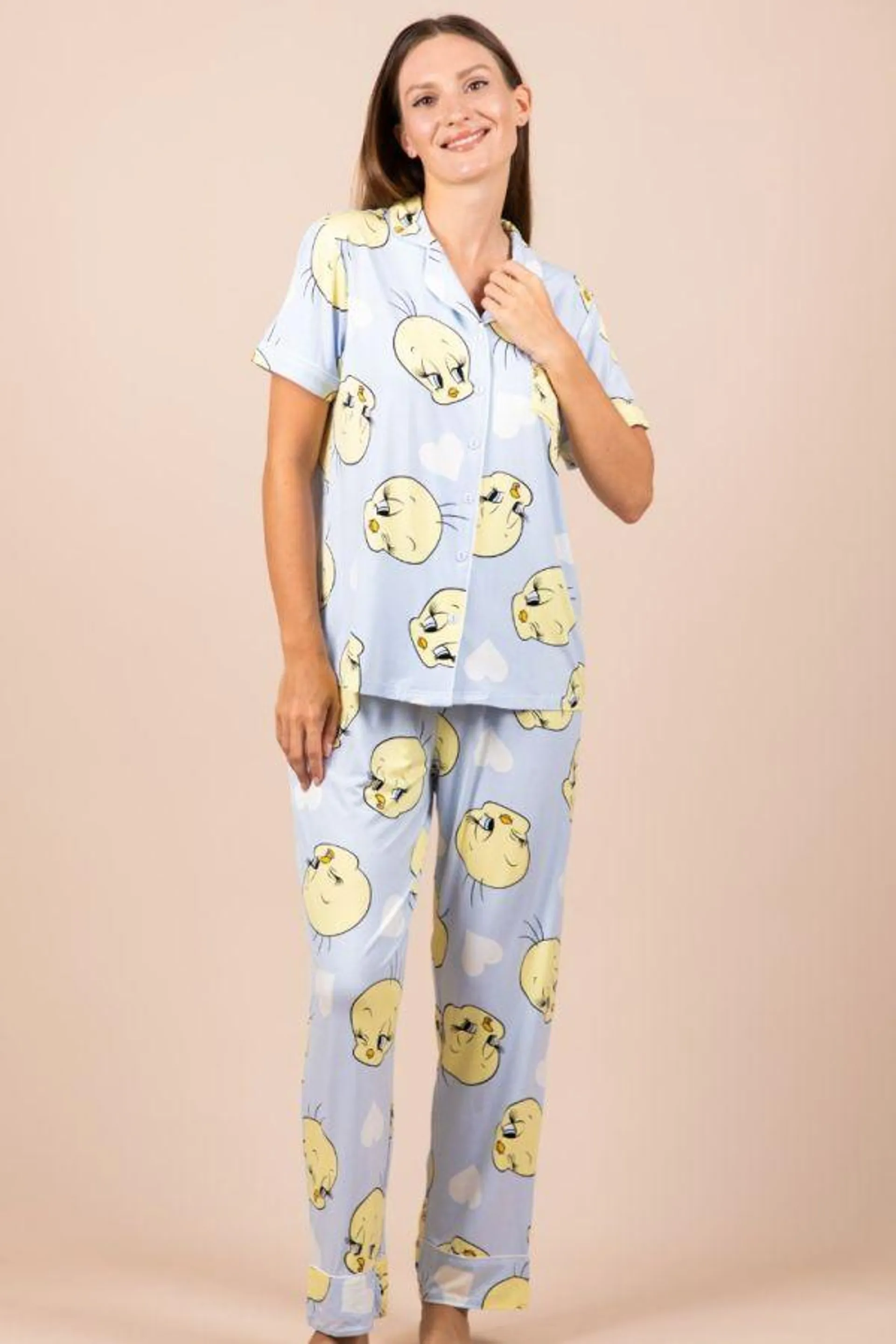 Ladies Blue Tweety Button Through PJ