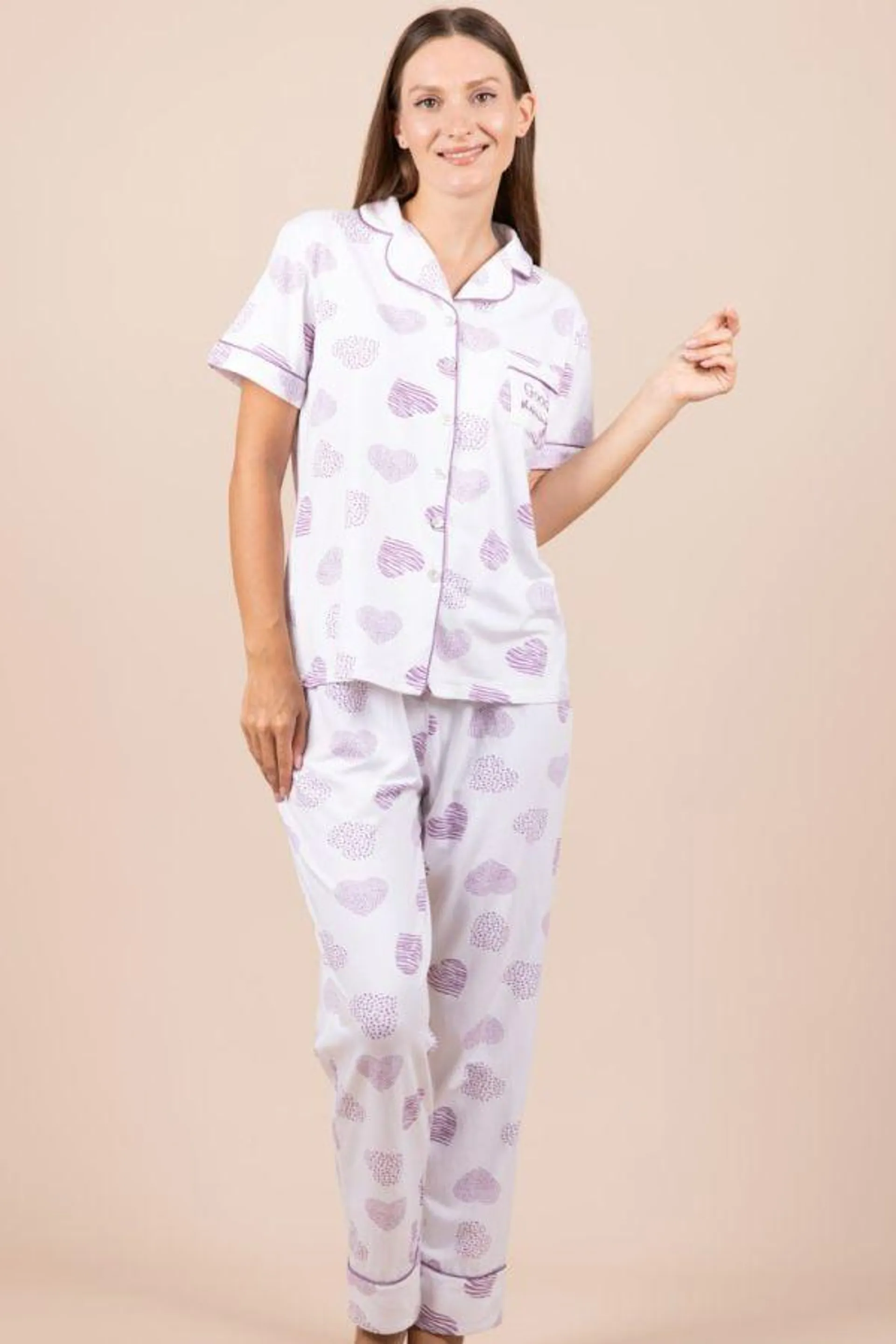 Ladies White Heart Pattern Button Through PJ