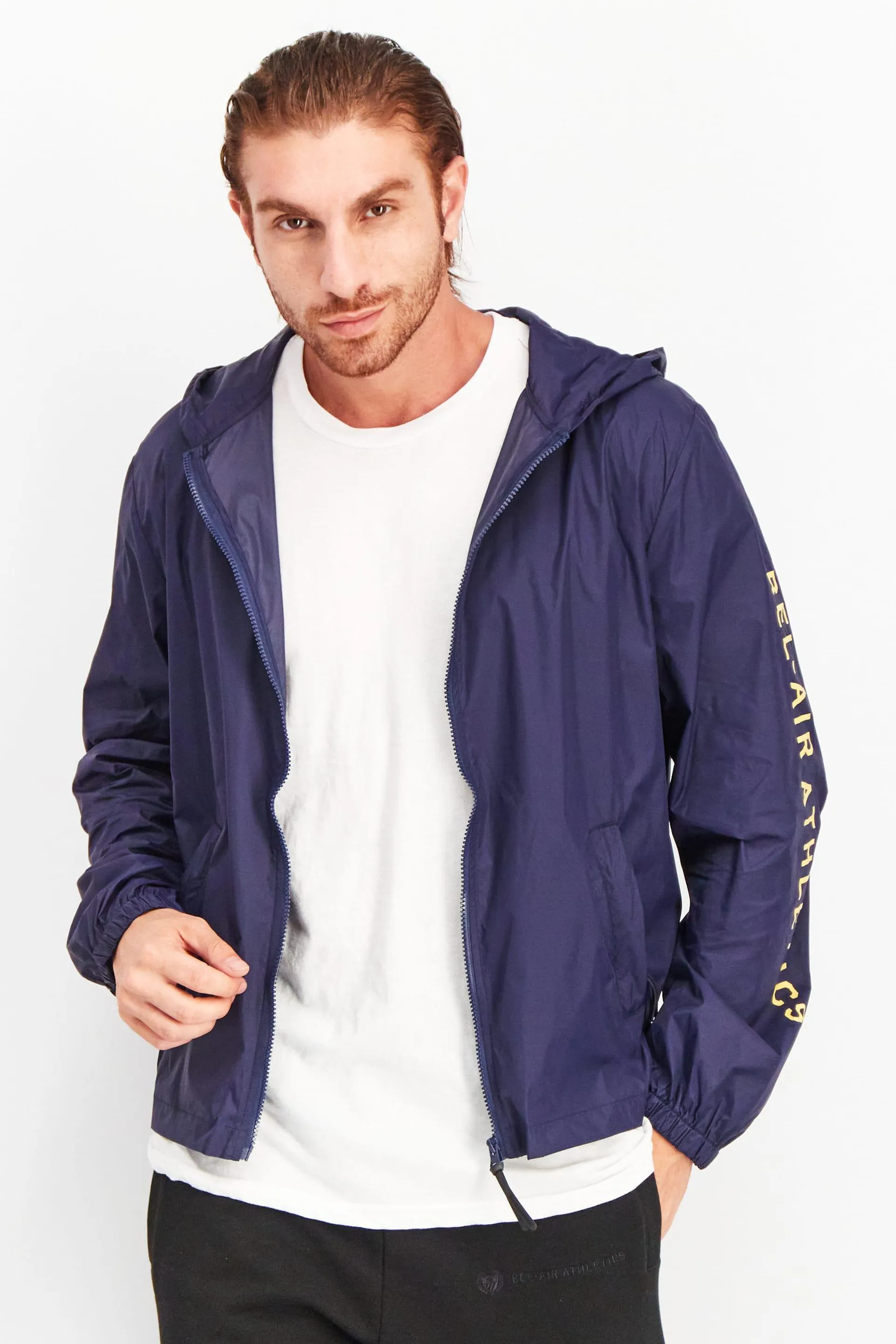 Men Sportswear Fit Hooded Long Sleeve Windbreaker Jacket, Navy