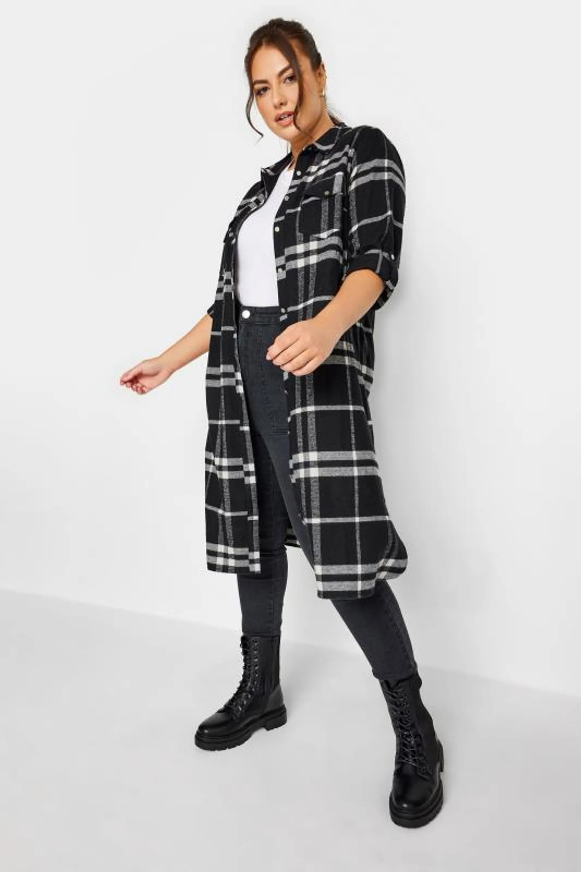 YOURS Curve Black Check Print Longline Shirt