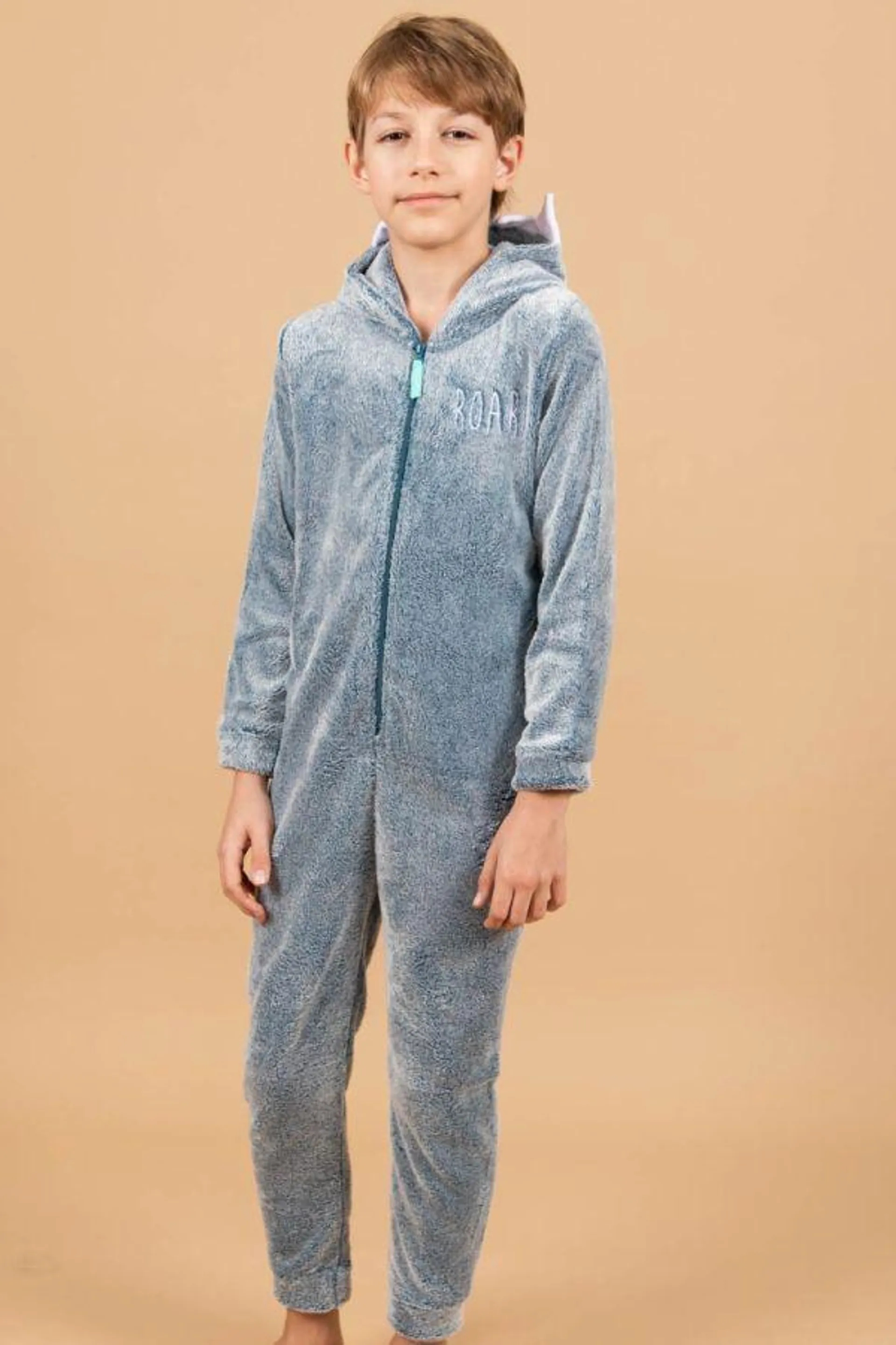 Boys Grey Teal Dino Fleece Onesie