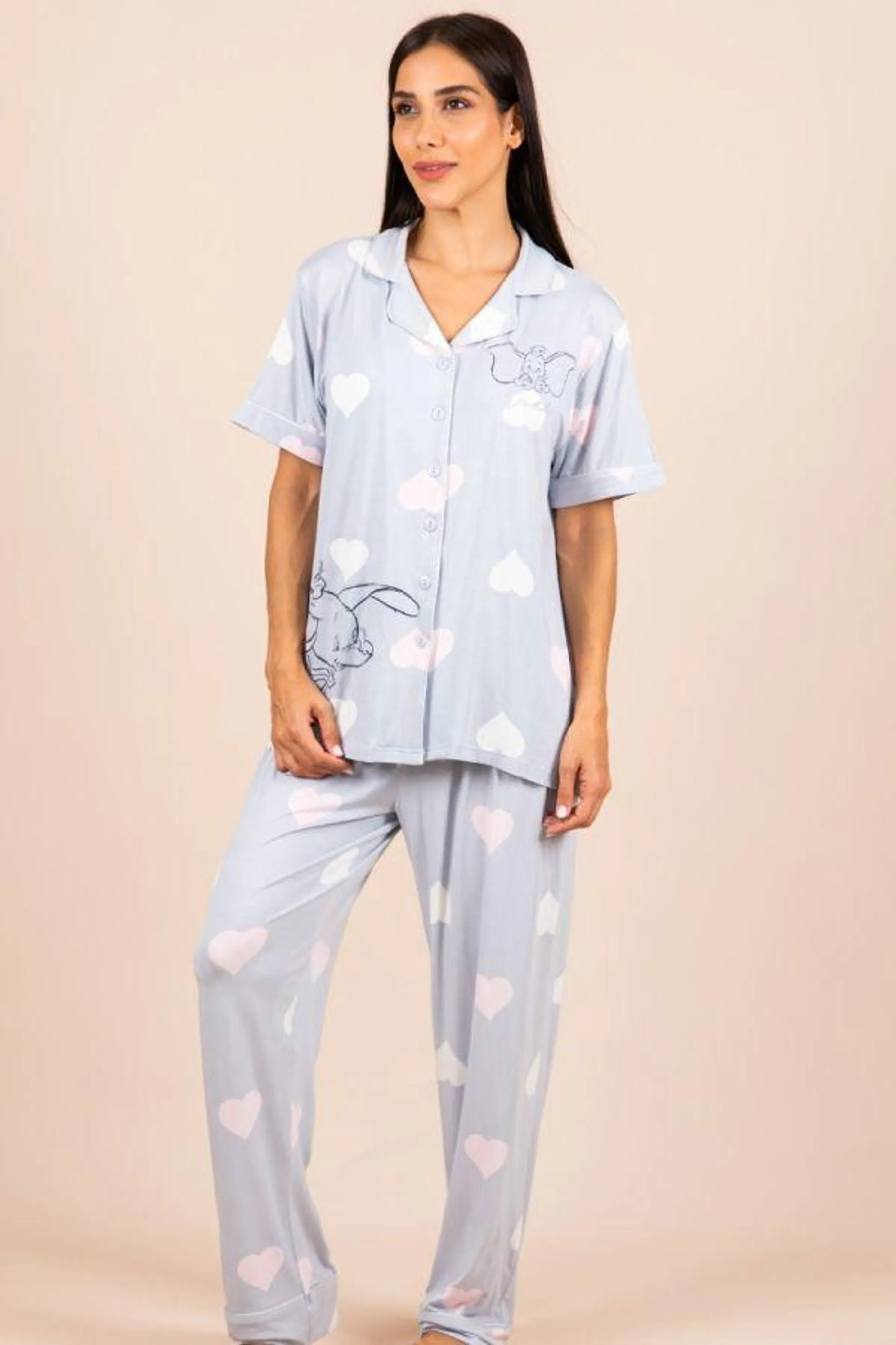 Ladies Grey Heart Dumbo Button Through PJ