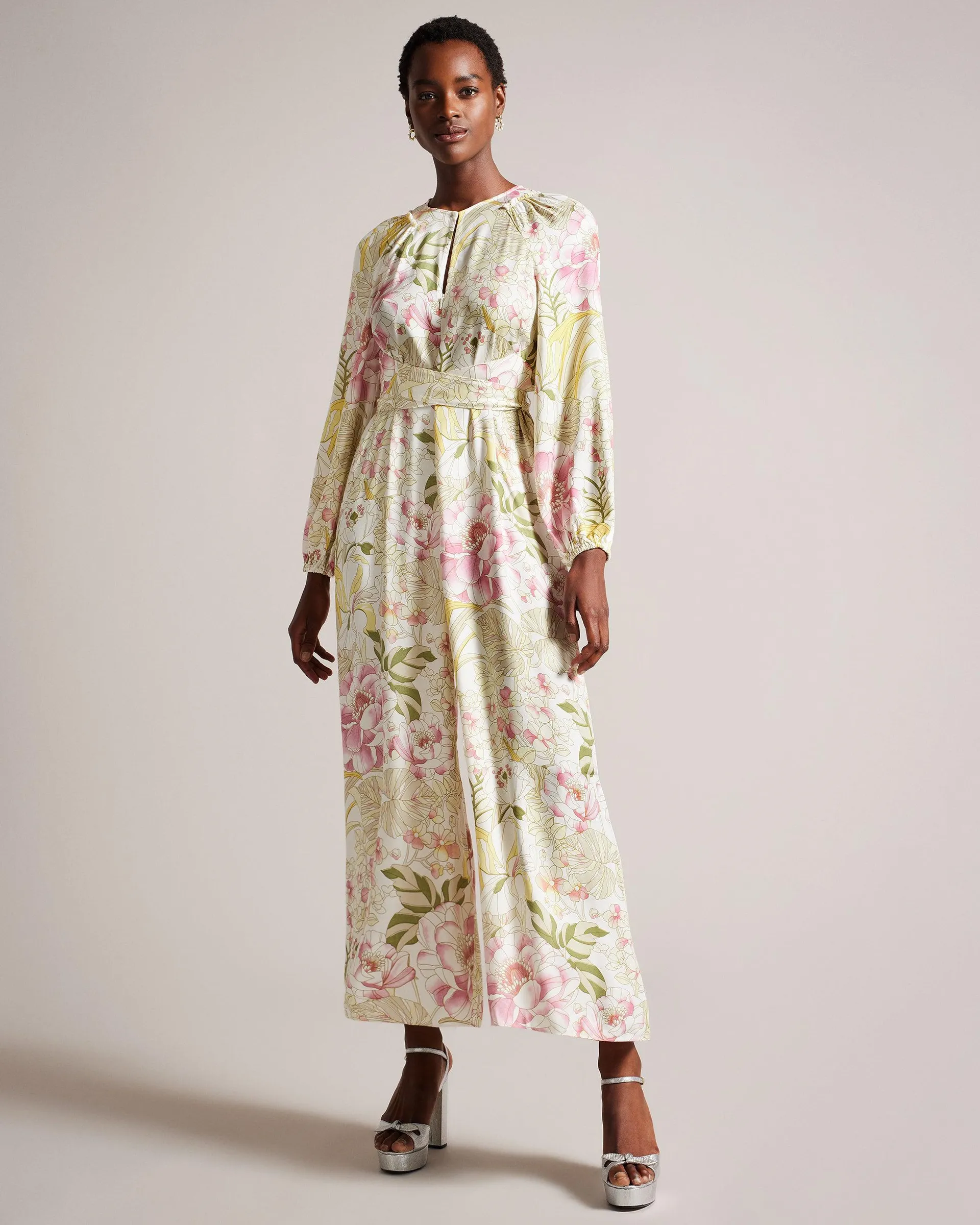 Peony Print Jumpsuit With Wrap Bodice