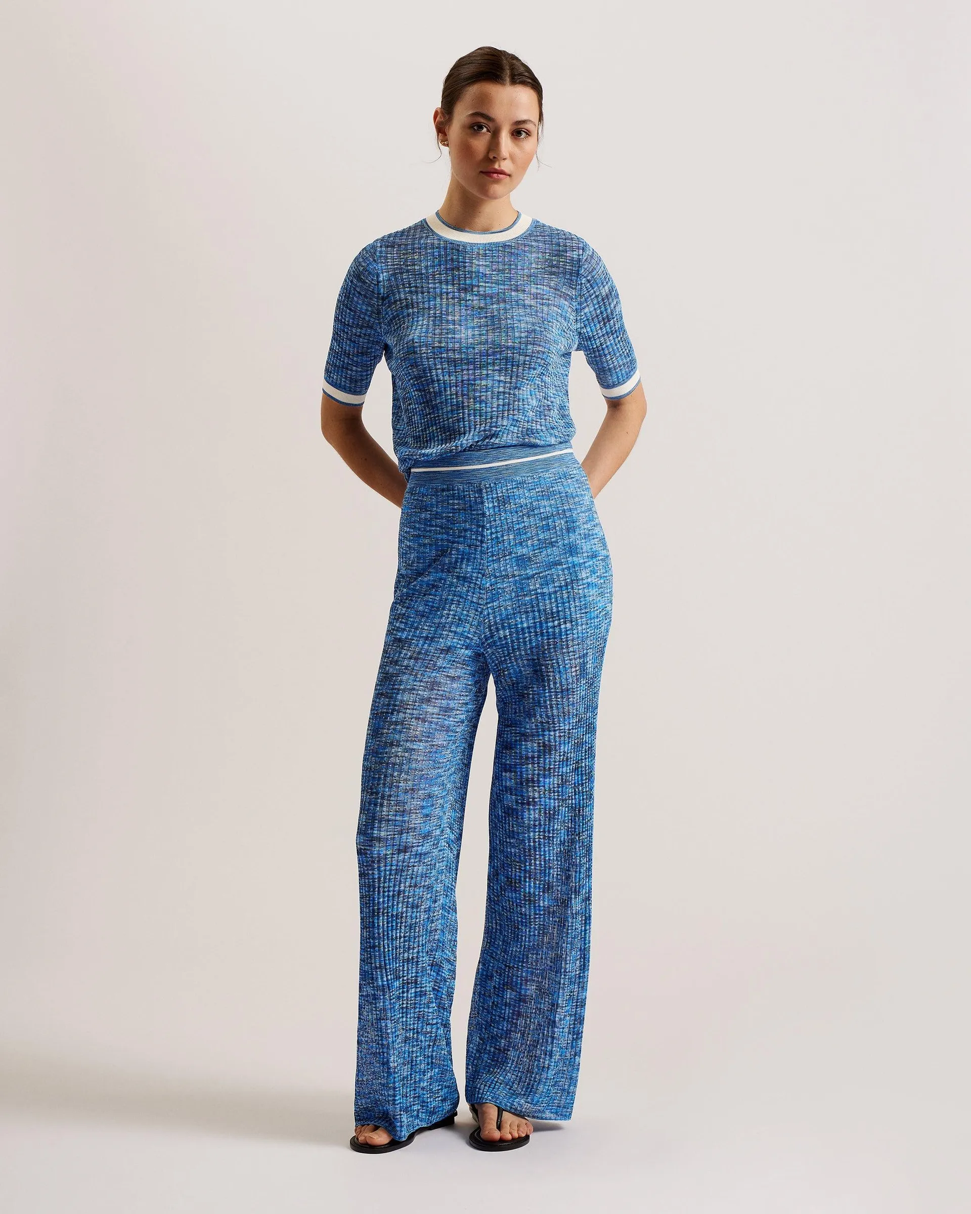 Yoana Wide Leg Ribbed Knit Trousers Blue