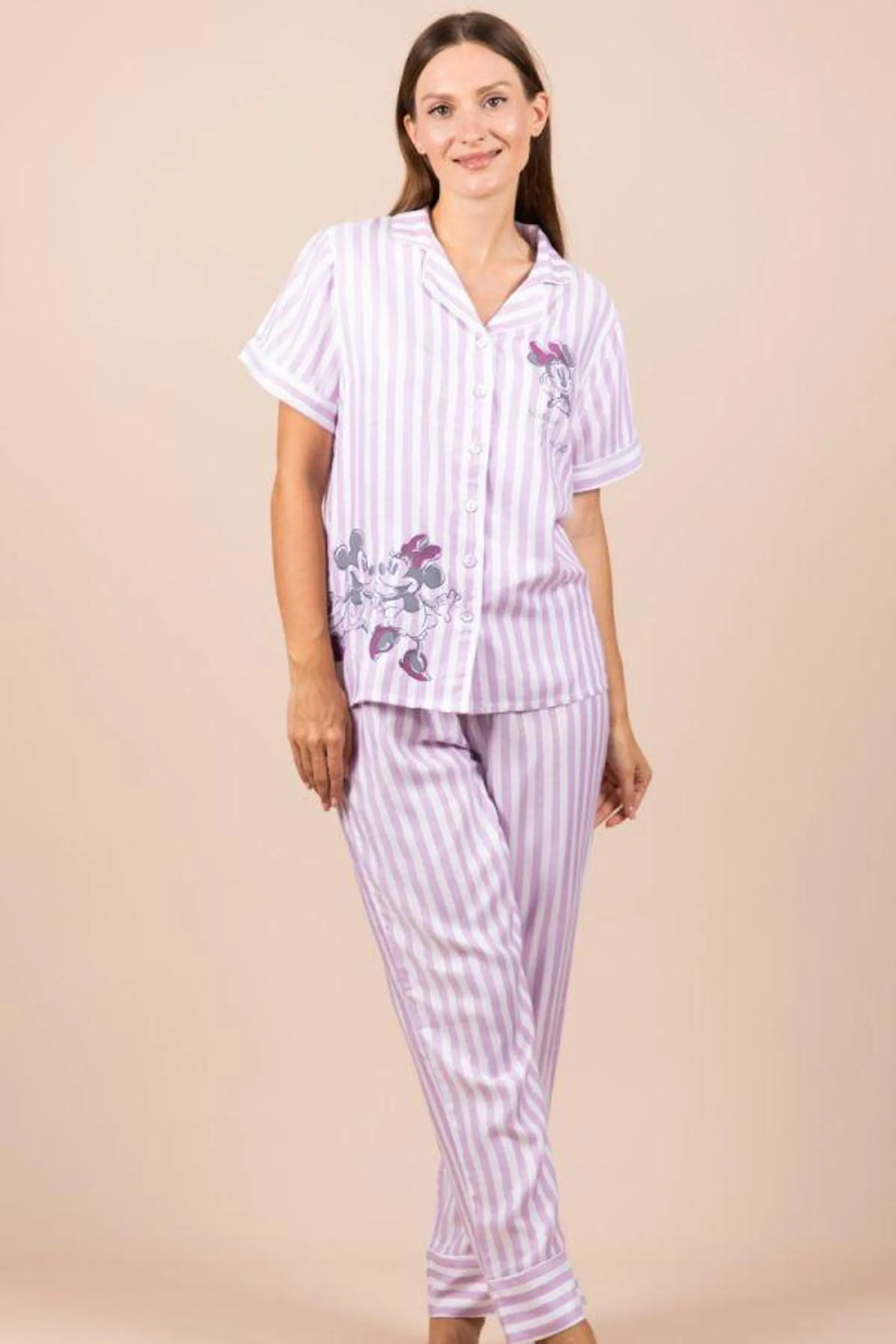 Ladies Lilac Stripe Gold Lurex Minnie Button Through PJ