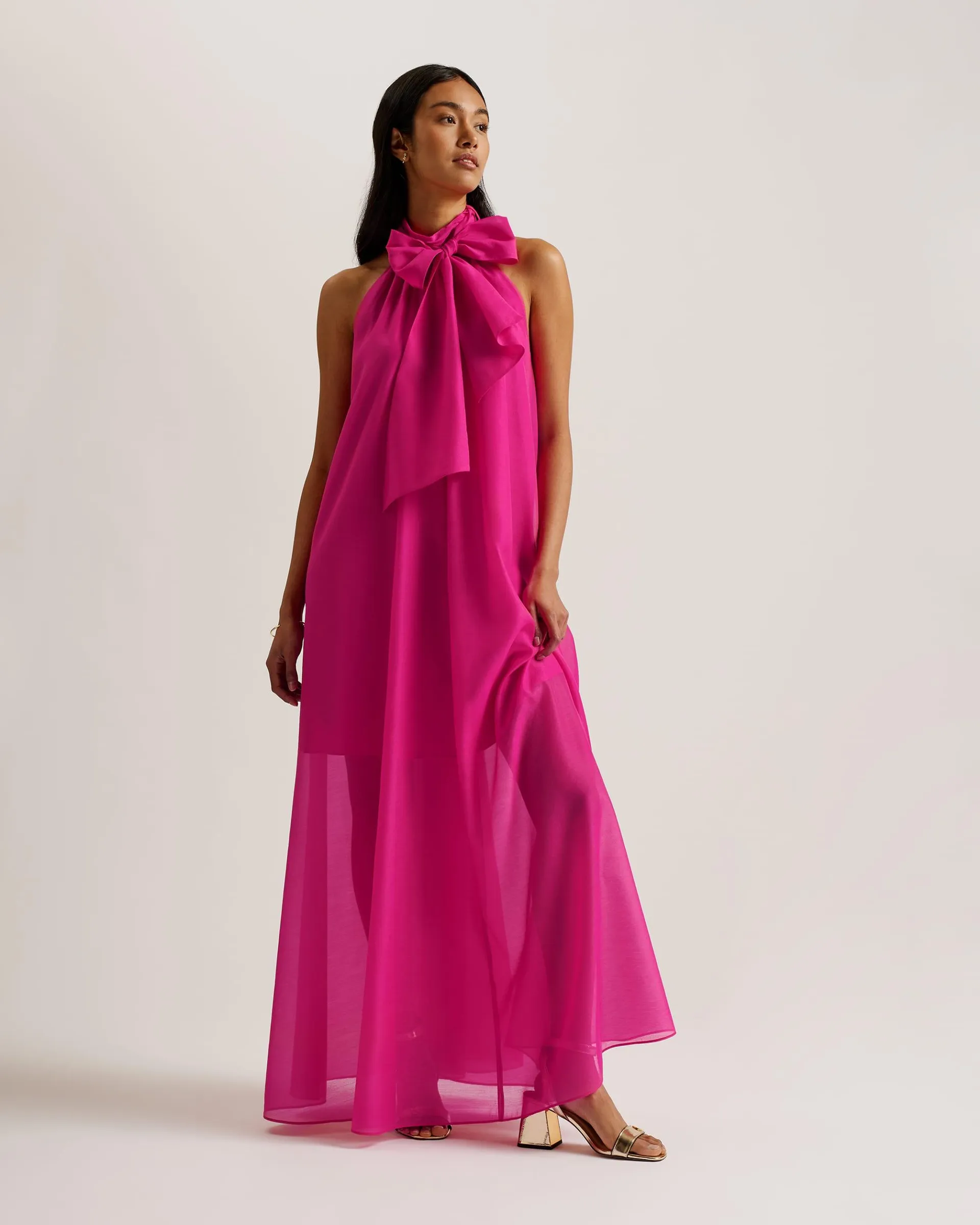 Arikaa Organza Maxi Dress With Tie Neck Brt-Pink