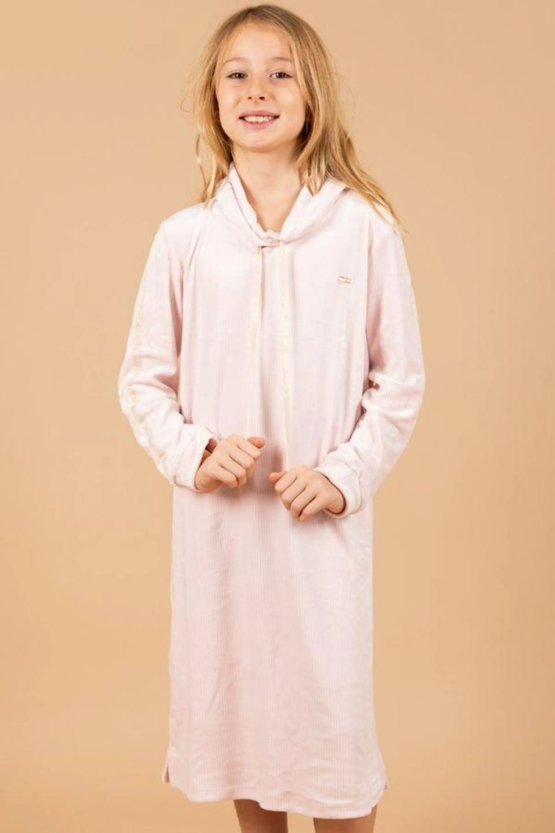 Girls Dusky Pink Velour Rib Hooded Nightdress