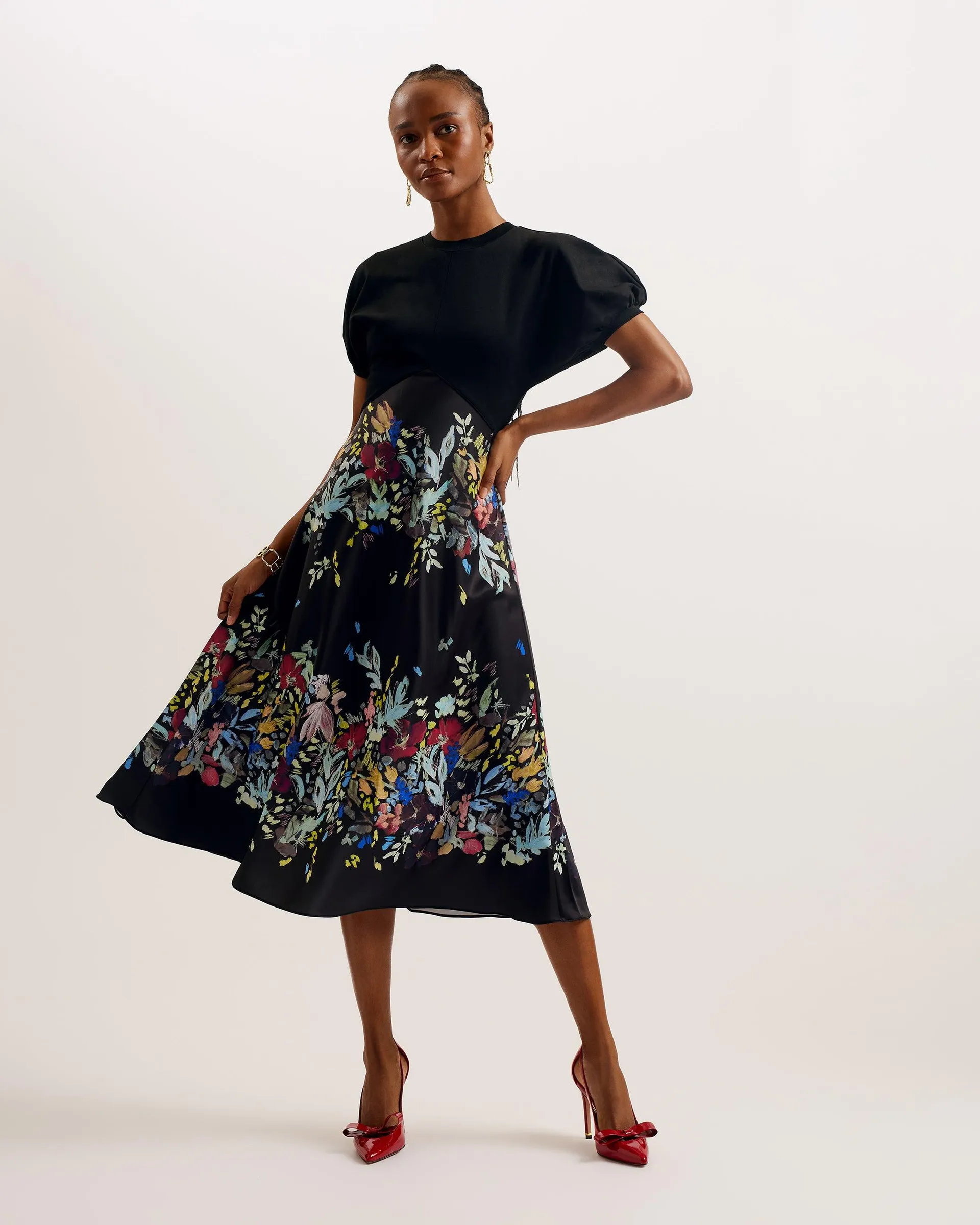 Maulina Ponte Midi Dress With Printed Skirt Black