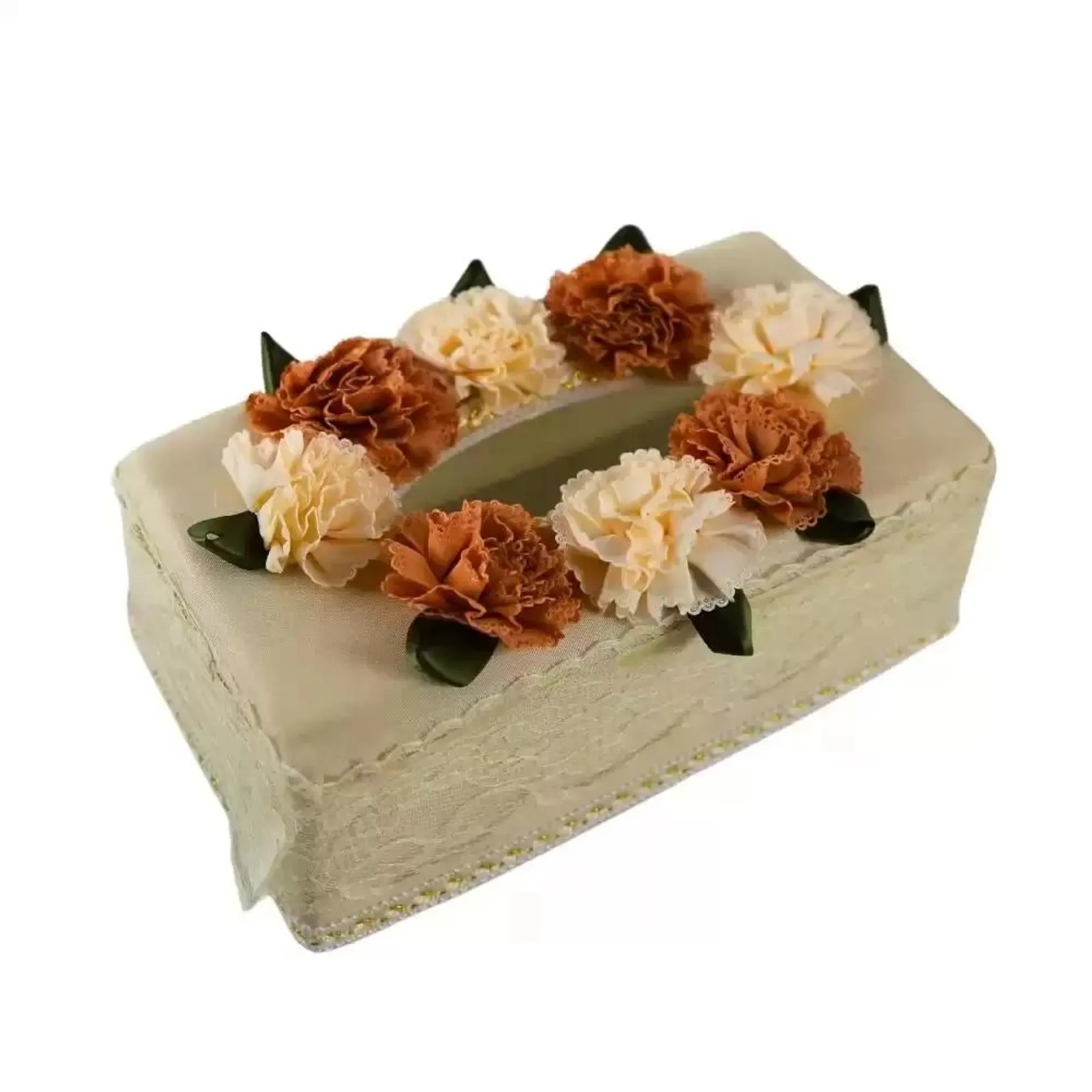 Rectangular Floral Lace Decorated Tissue Storage Box Case For Table Decoration- White