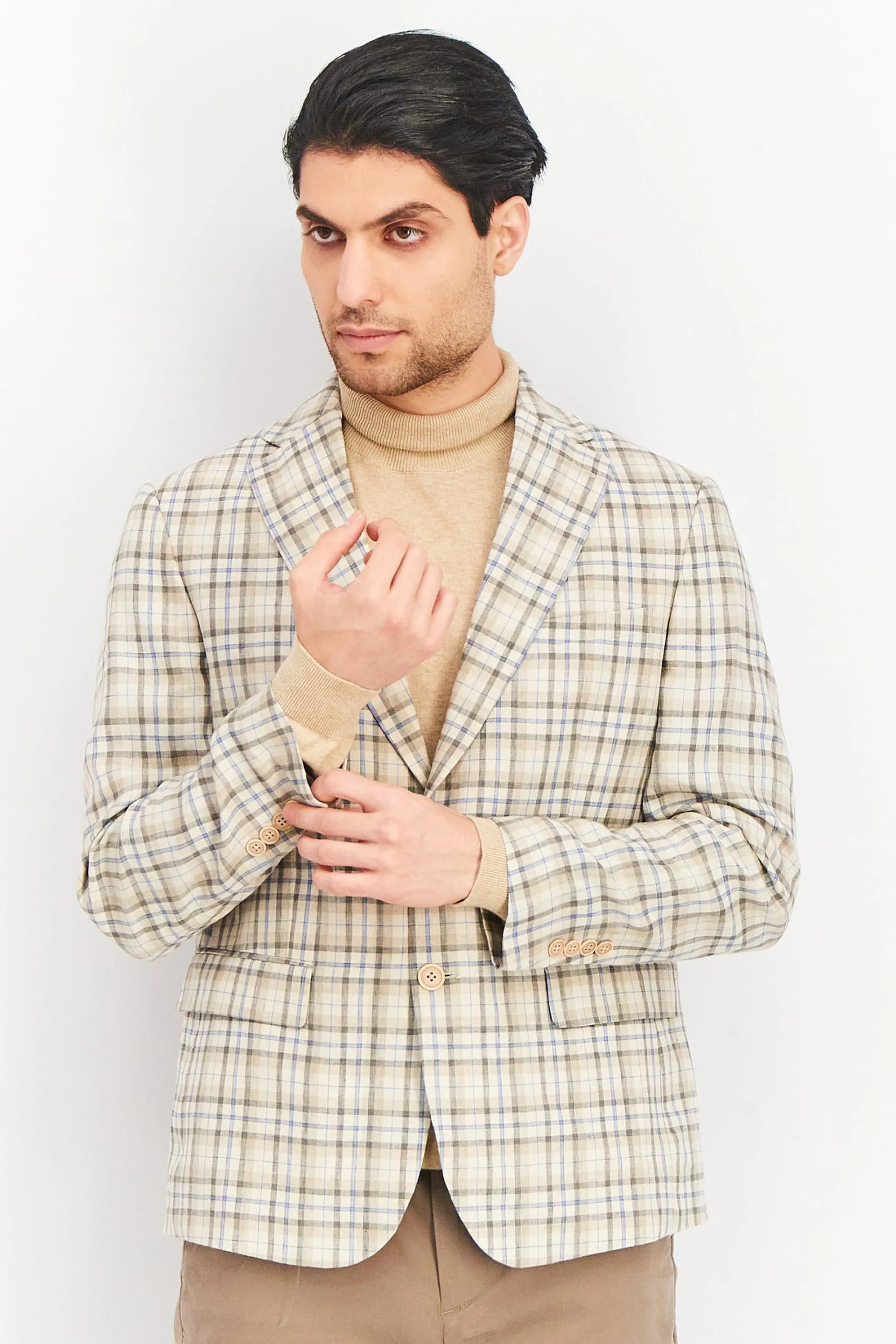 Men Slim Fit Plaid Blazer, Tan