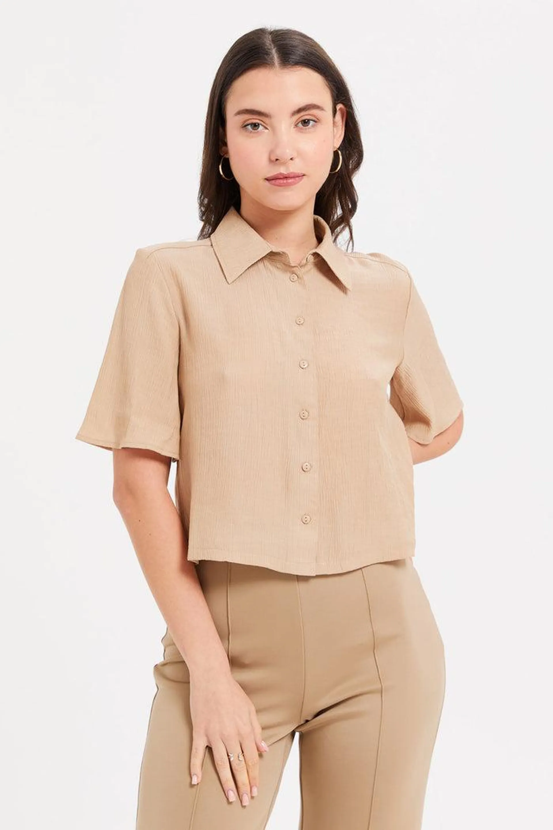 Women Beige Textured Collared Shirt