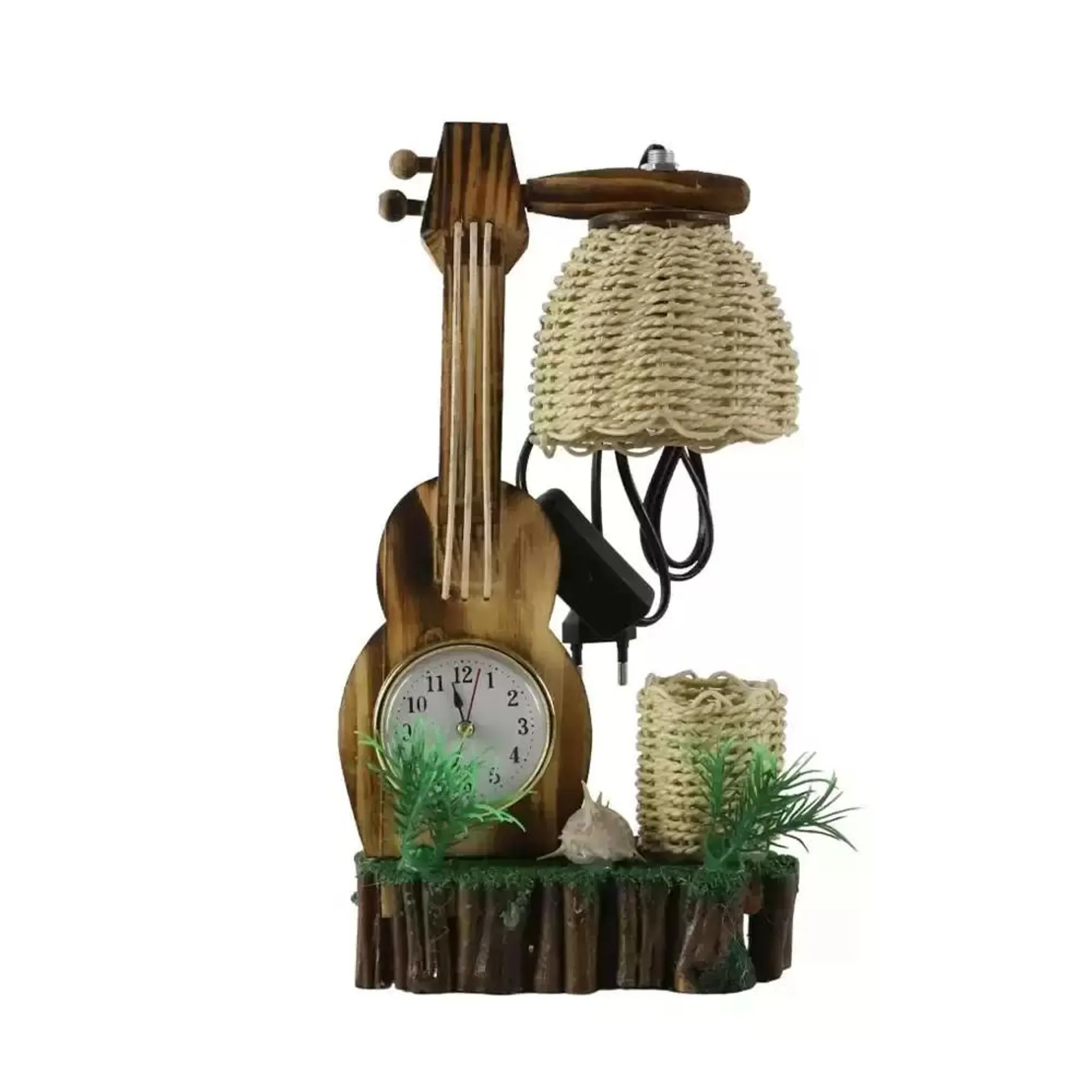 Exquisite Wooden Violin And Basket Design With Clock Desk Lamp Handmade Warm Yellow Light Table Lamp