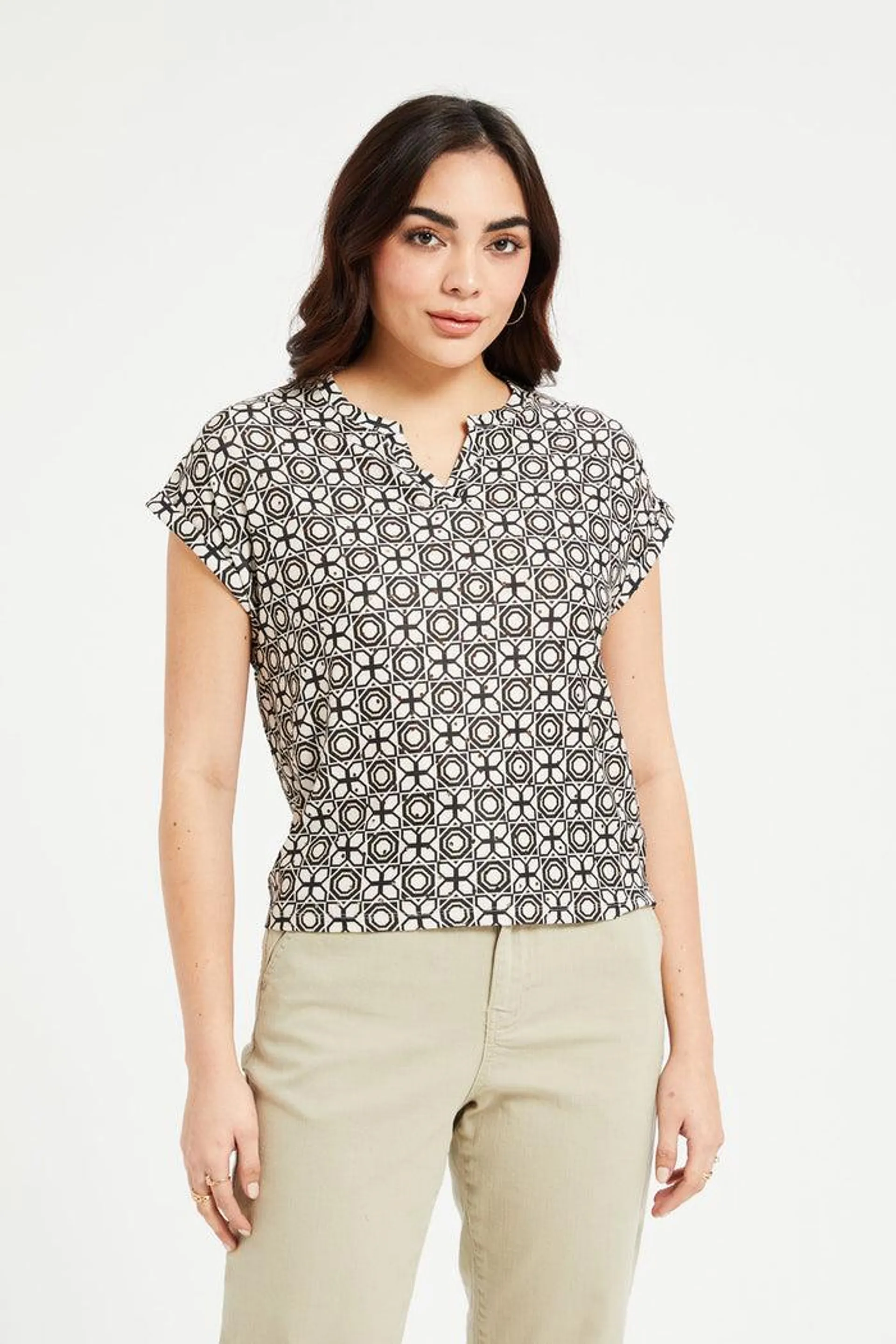 Women Beige And Black Printed Top