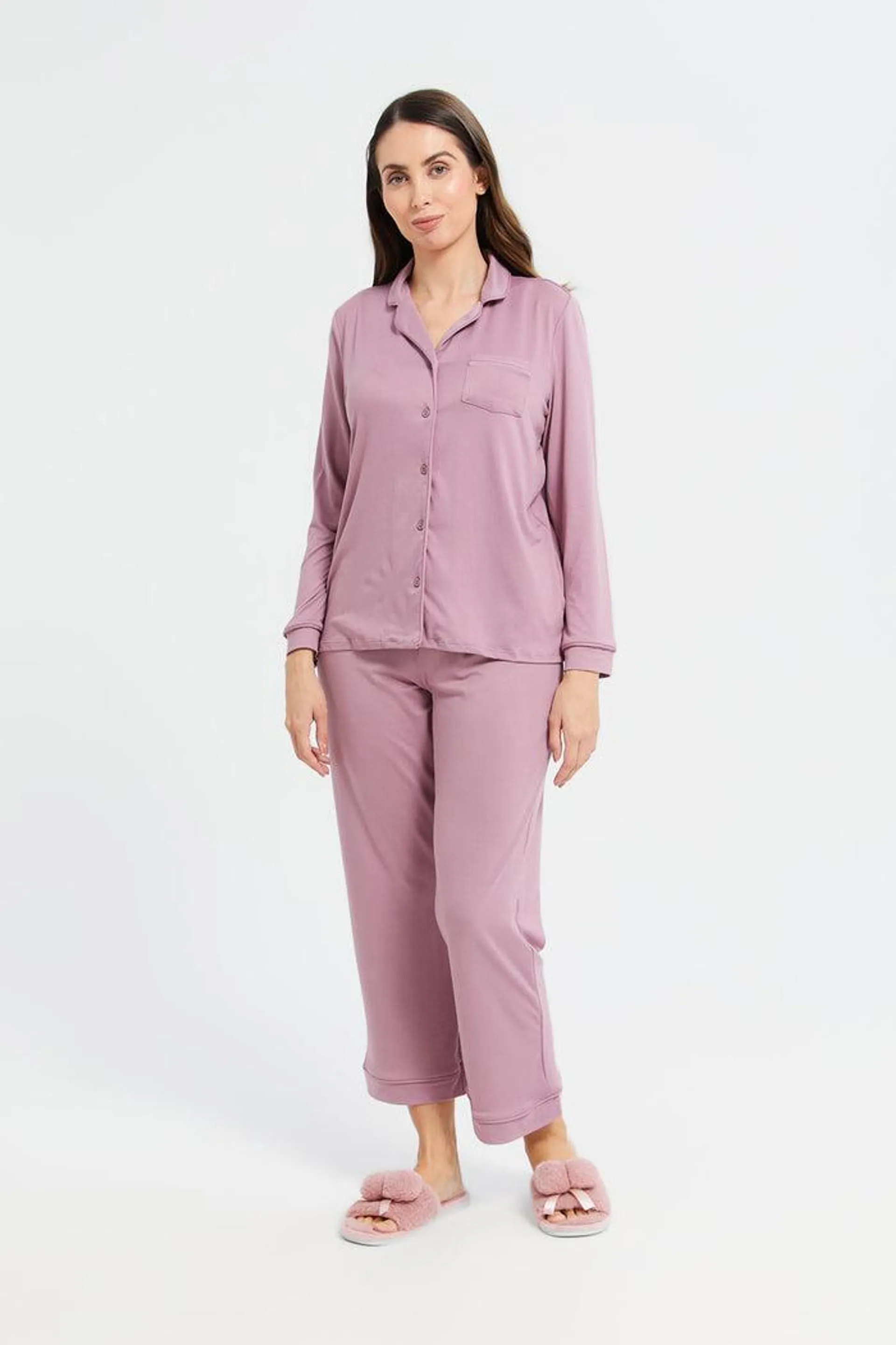 Women Lilac Solid Classic Pajama Set (2 Piece)