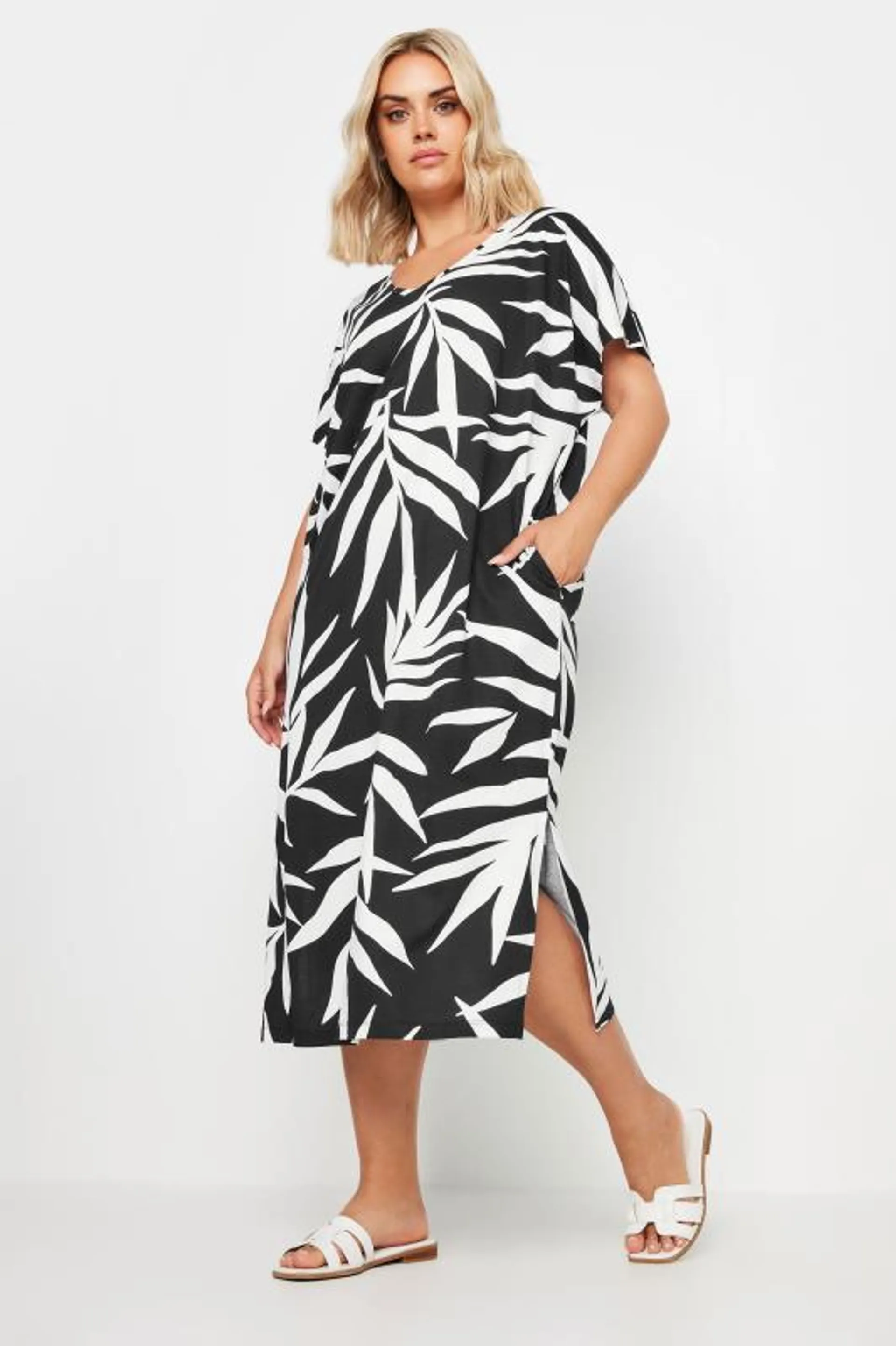 YOURS Curve Black Tropical Print Midaxi T-Shirt Dress