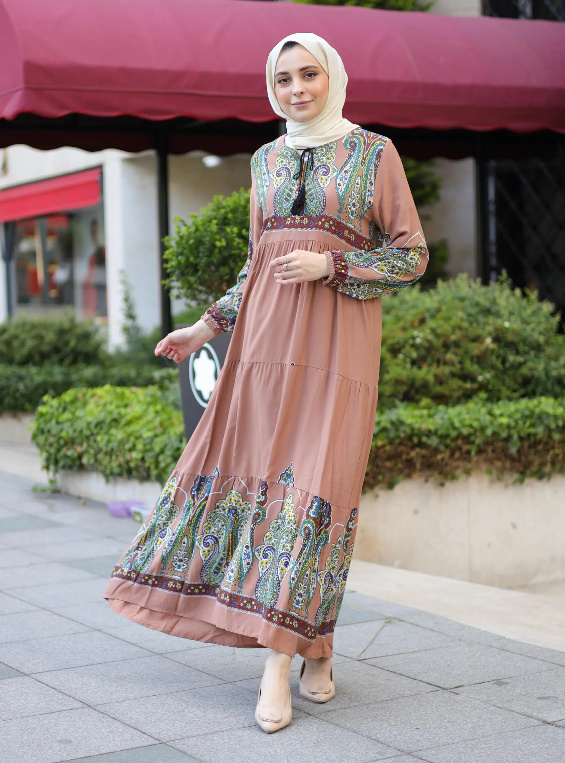 Copper color - Multi - Crew neck - Unlined - Modest Dress