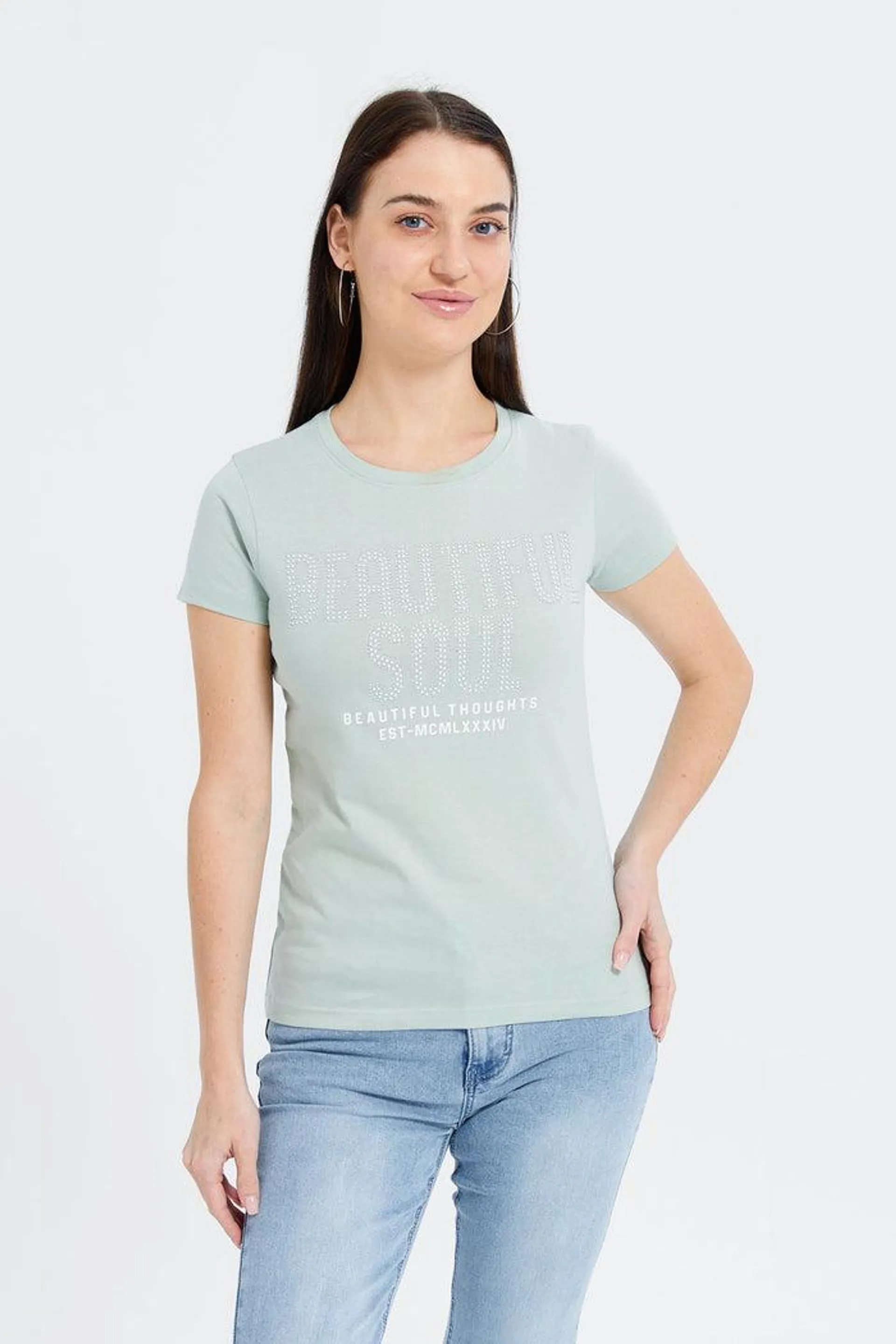 Women Mint Beautiful Embellished T-Shirt