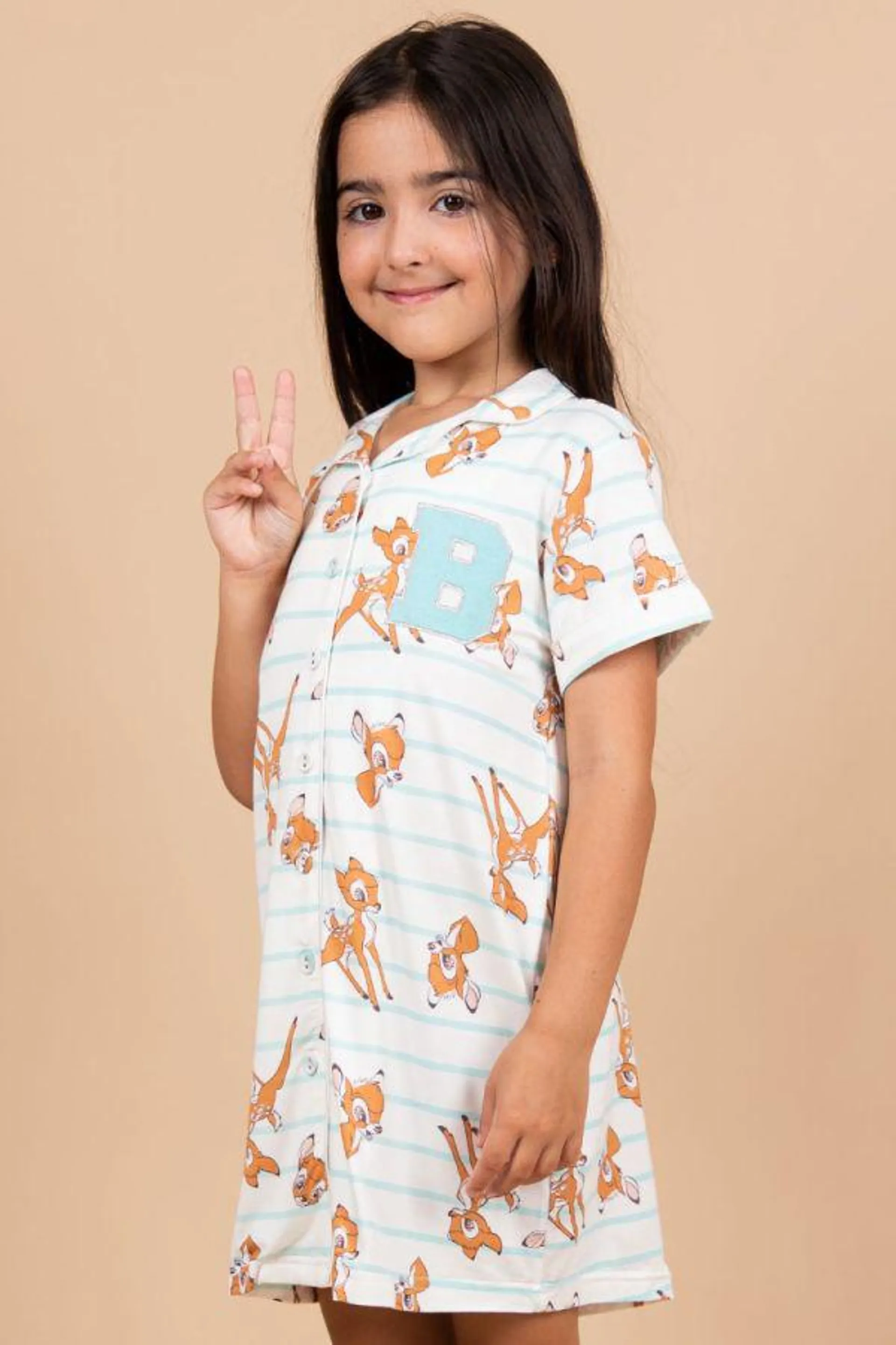 Girls Mint & White Stripe Bambi Button Through Nightshirt