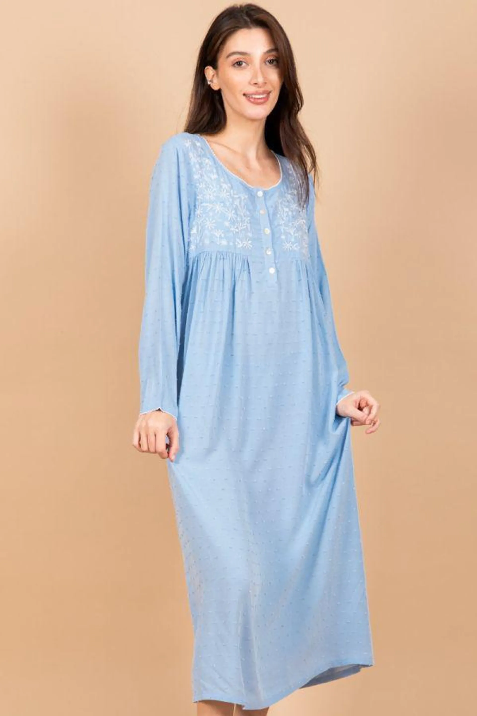 Ladies Dusky Blue Embroidery Nightdress