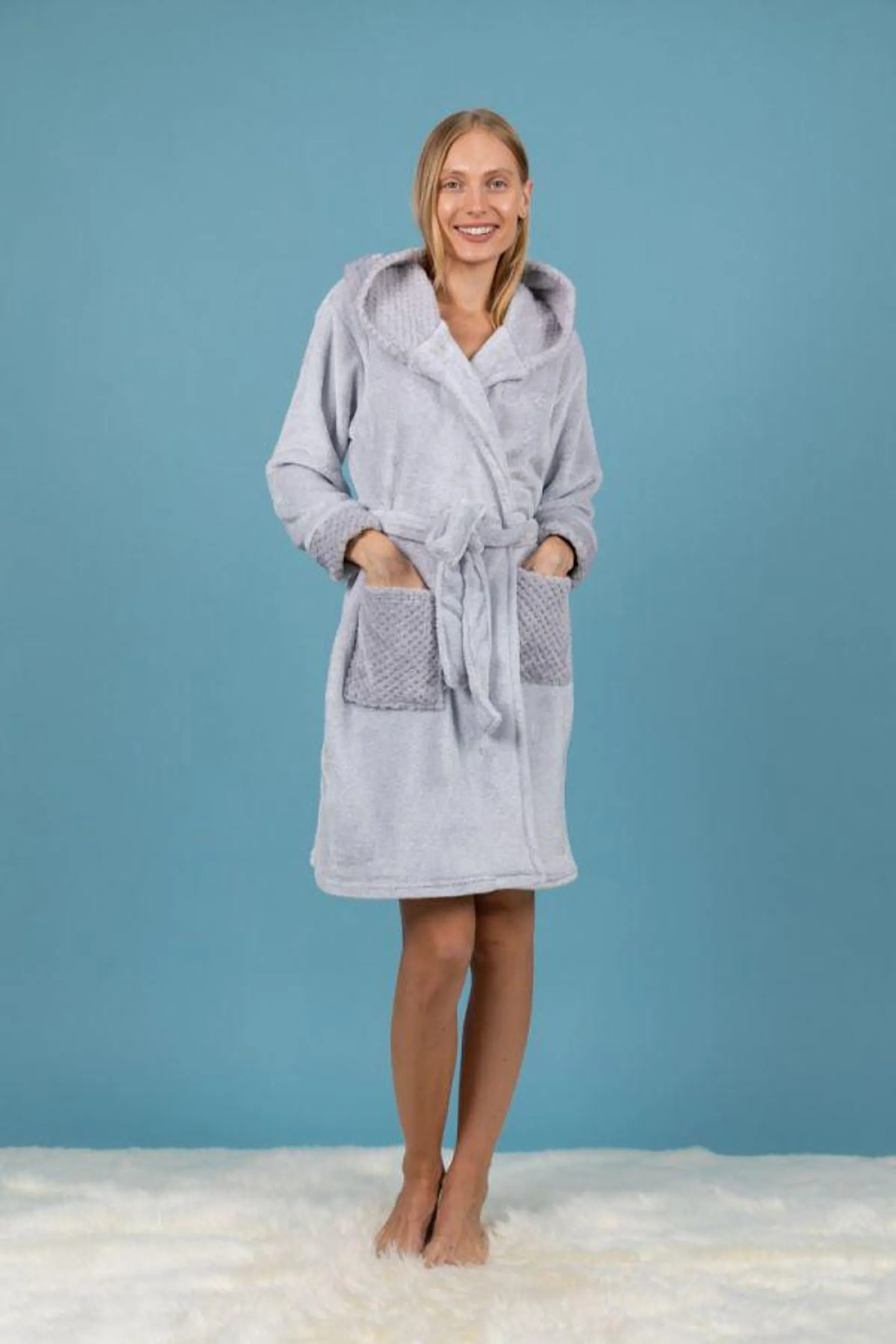Ladies Grey Two Tone Fleece Waffle Trim Robe