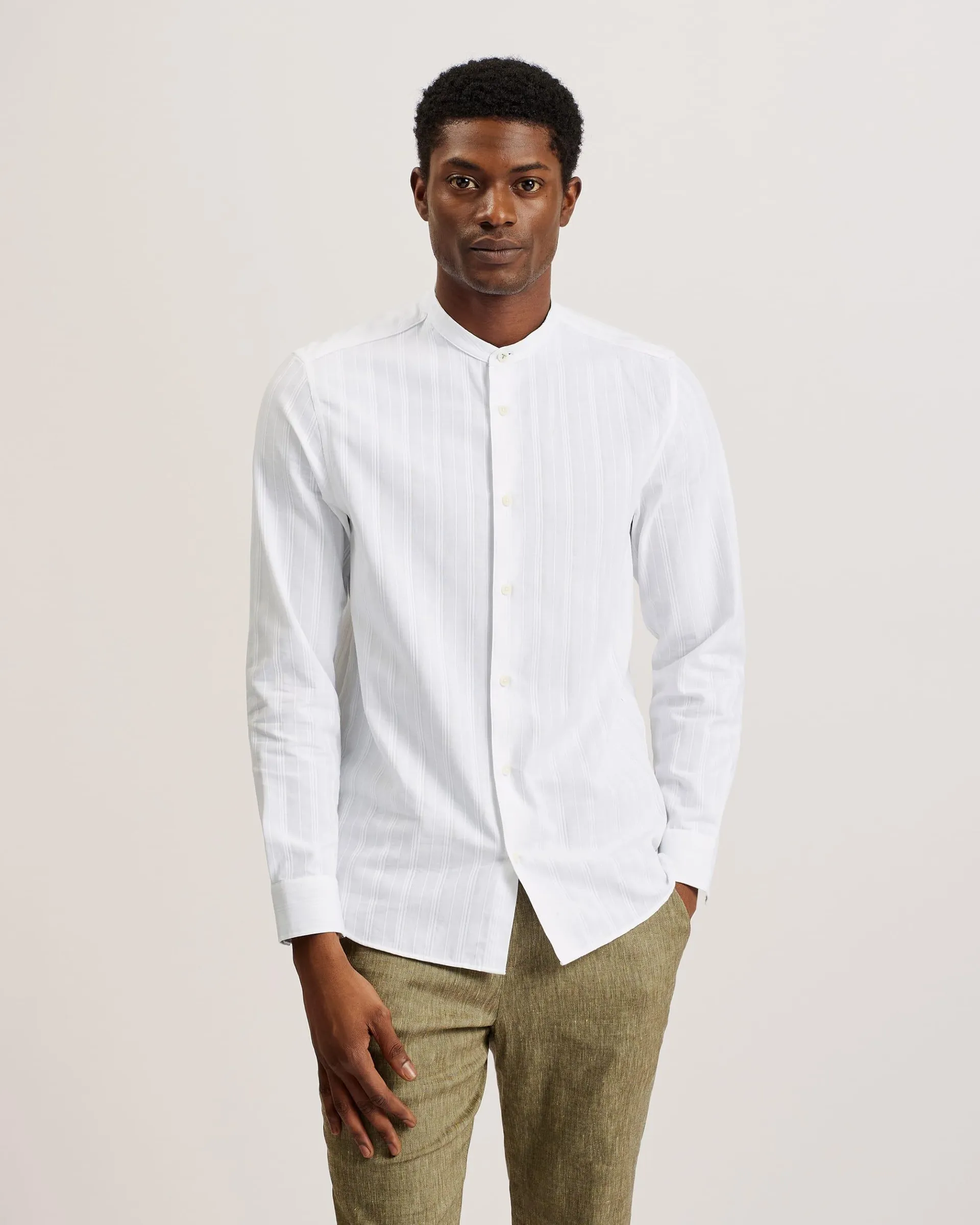 Fier Textured Stripe Grandad Collar Shirt White