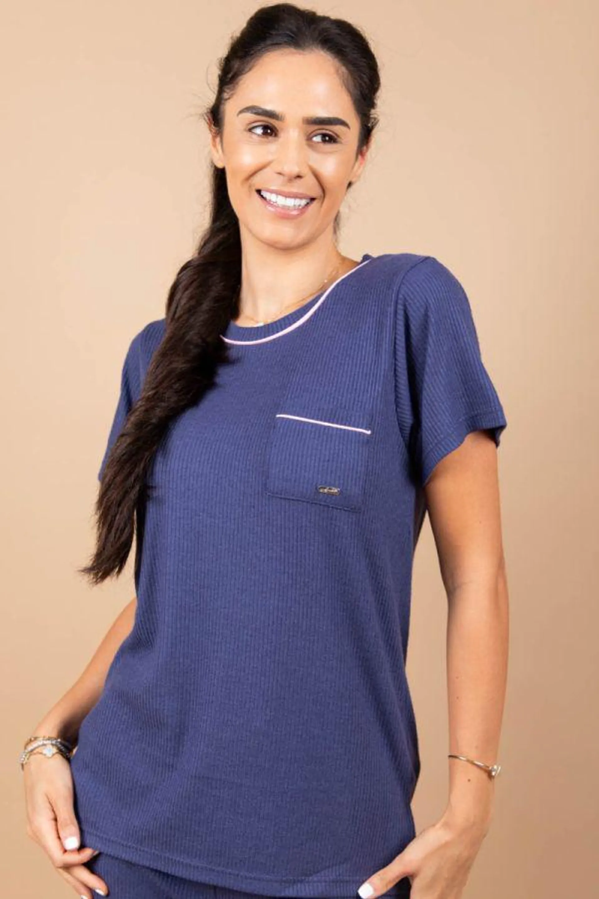 Ladies Navy Rib Neck Lounge Top