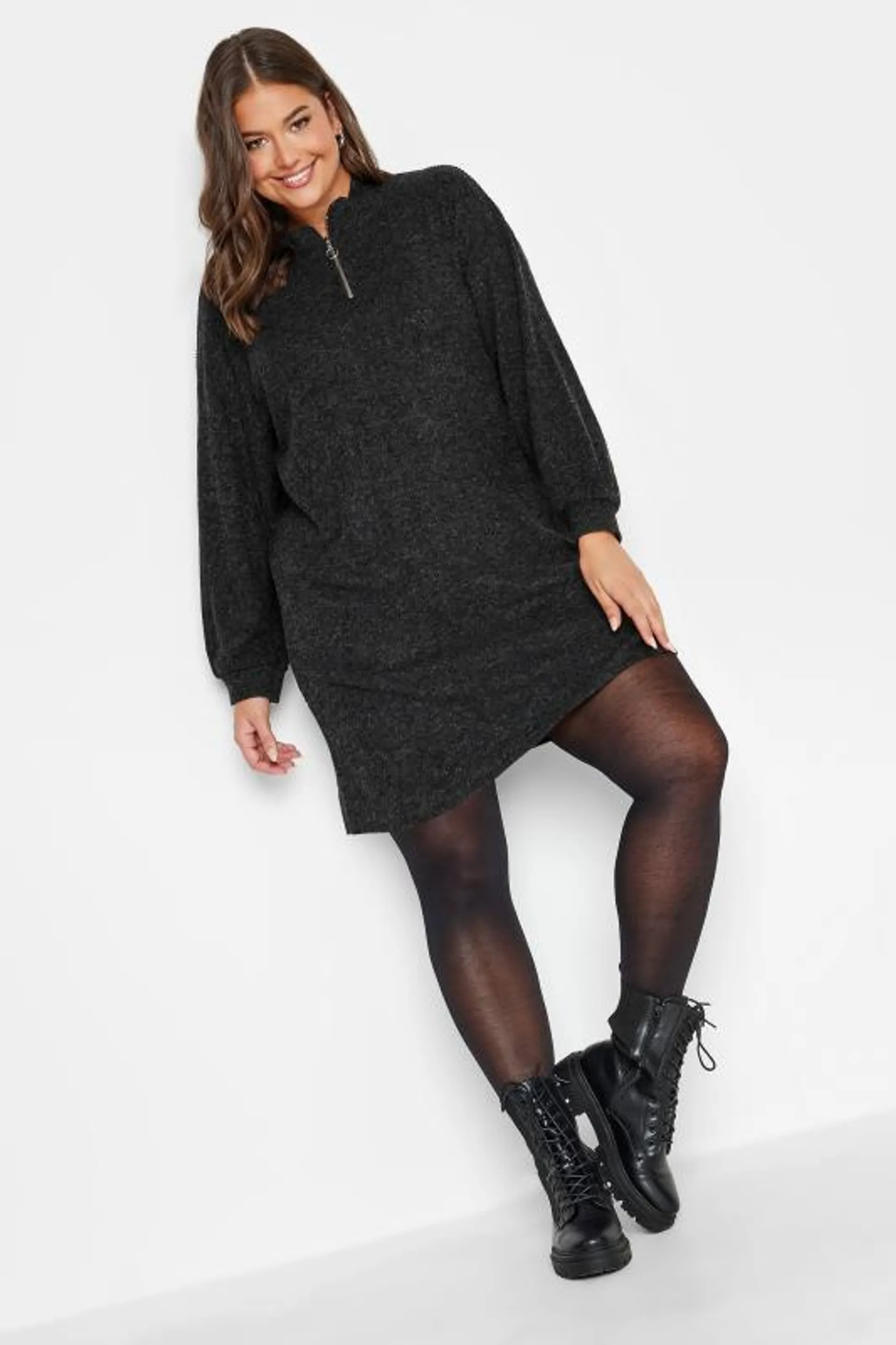 YOURS Curve Charcoal Grey Soft Touch Zip Neck Jumper Dress