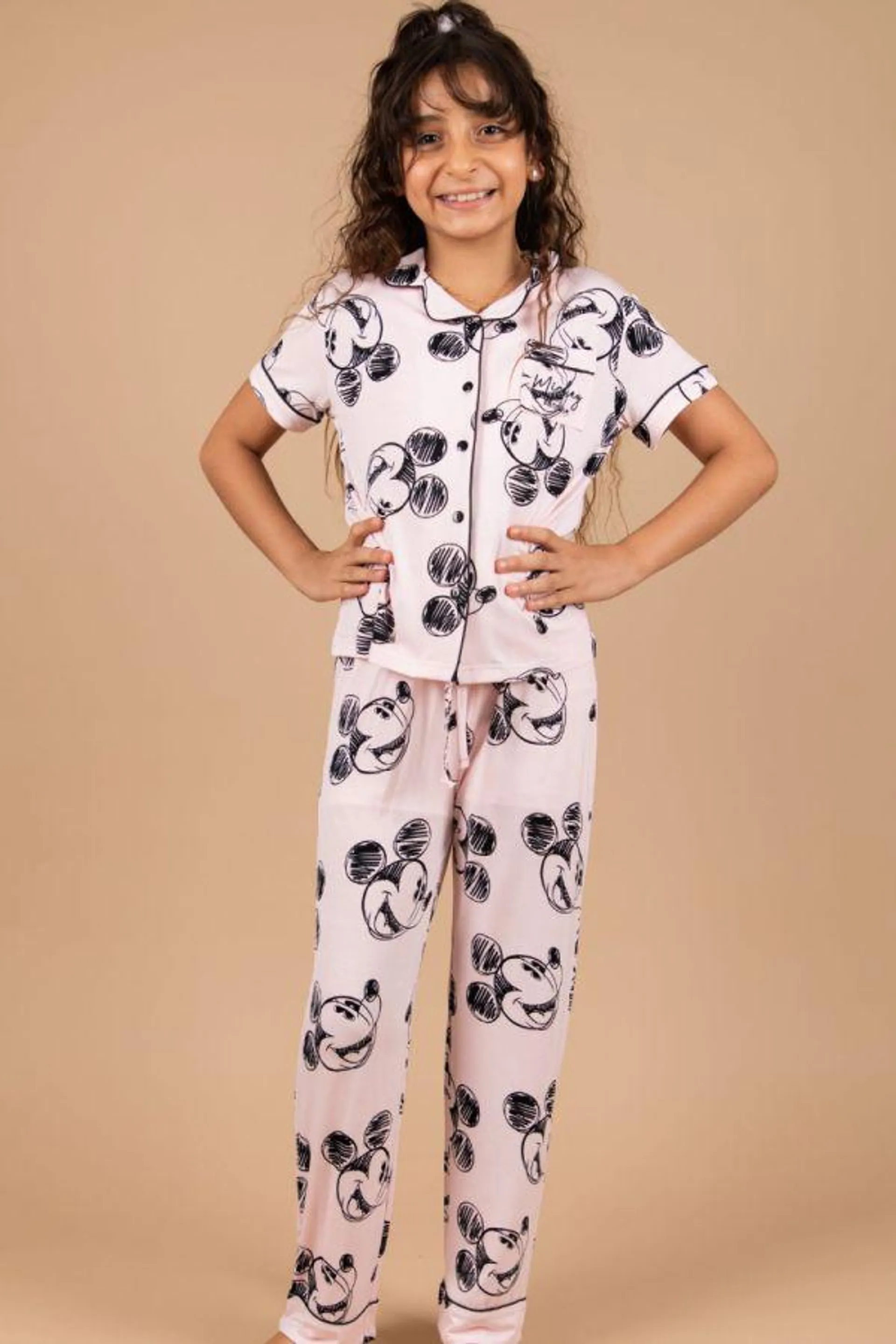 Girls Pale Pink Sketchy Mickey Head Button Through PJ
