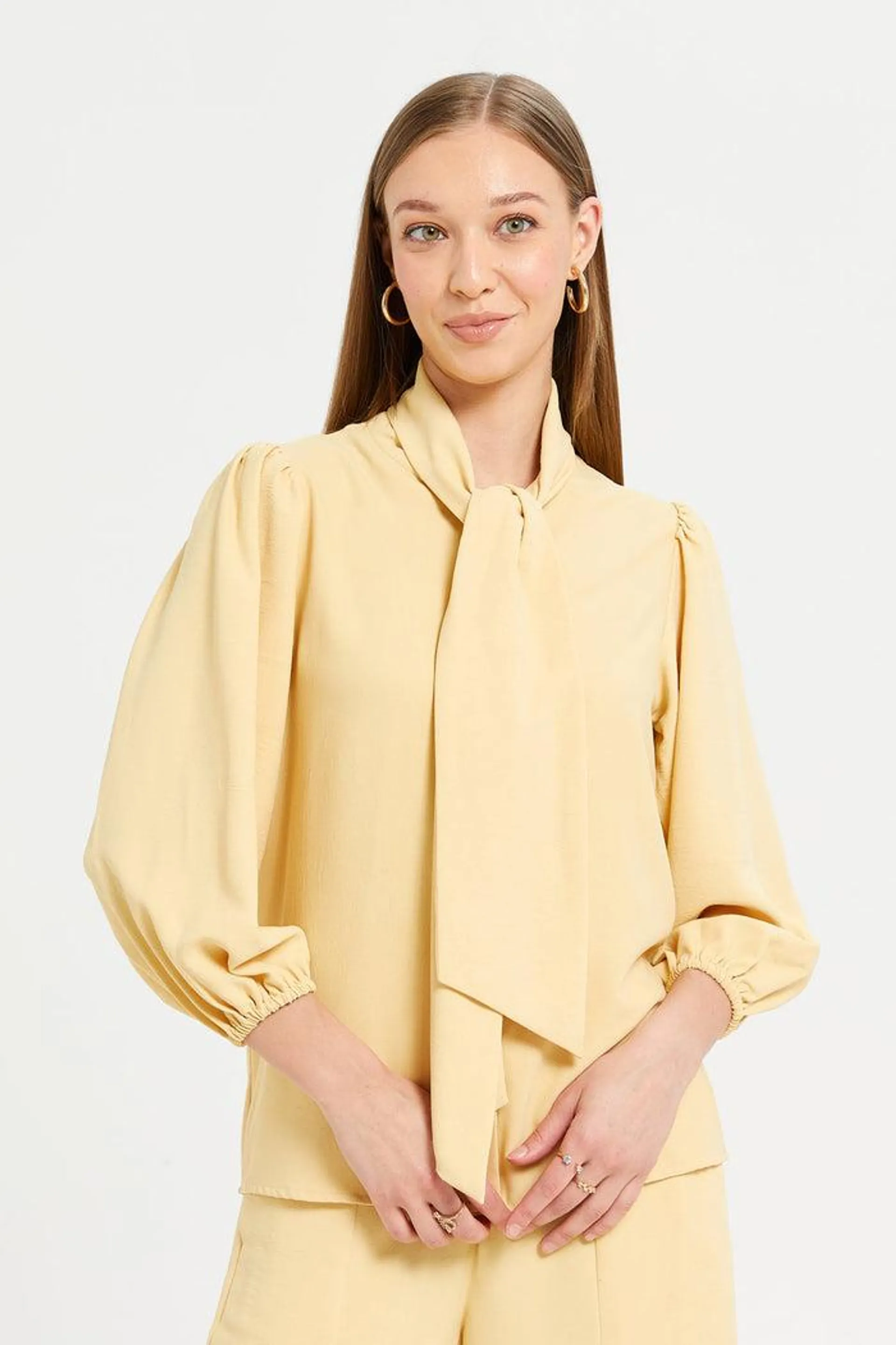 Women Yellow Textured Pussy Bow Blouse