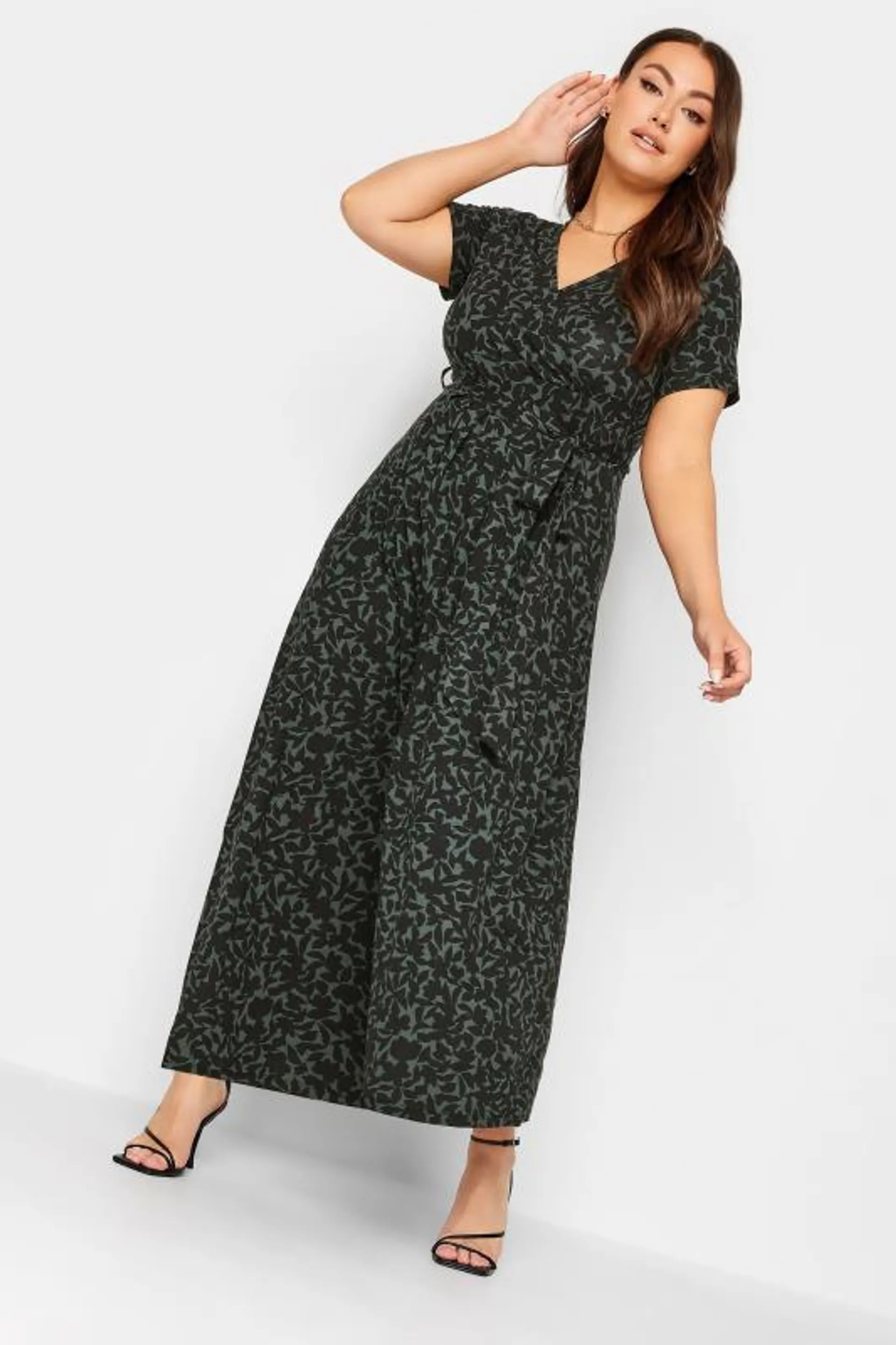 YOURS Curve Khaki Green Floral Print Wrap Maxi Dress