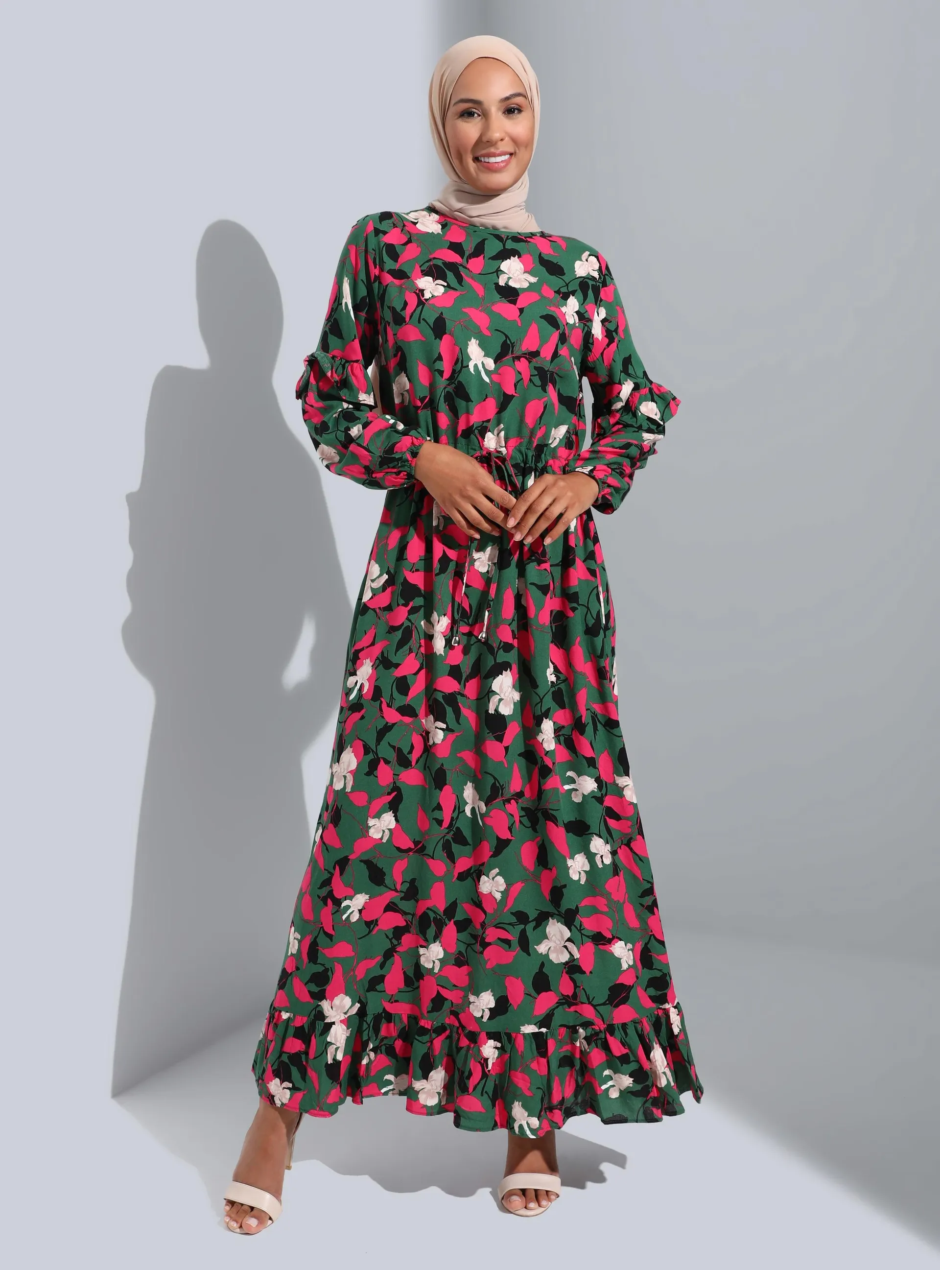 Fuchsia - Green - Floral - Crew neck - Unlined - Modest Dress