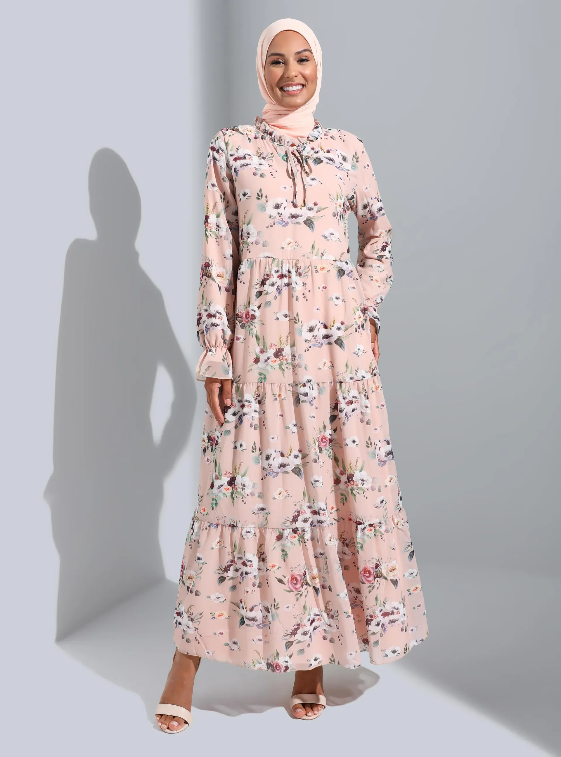 Powder Pink - Floral - Crew neck - Fully Lined - Modest Dress