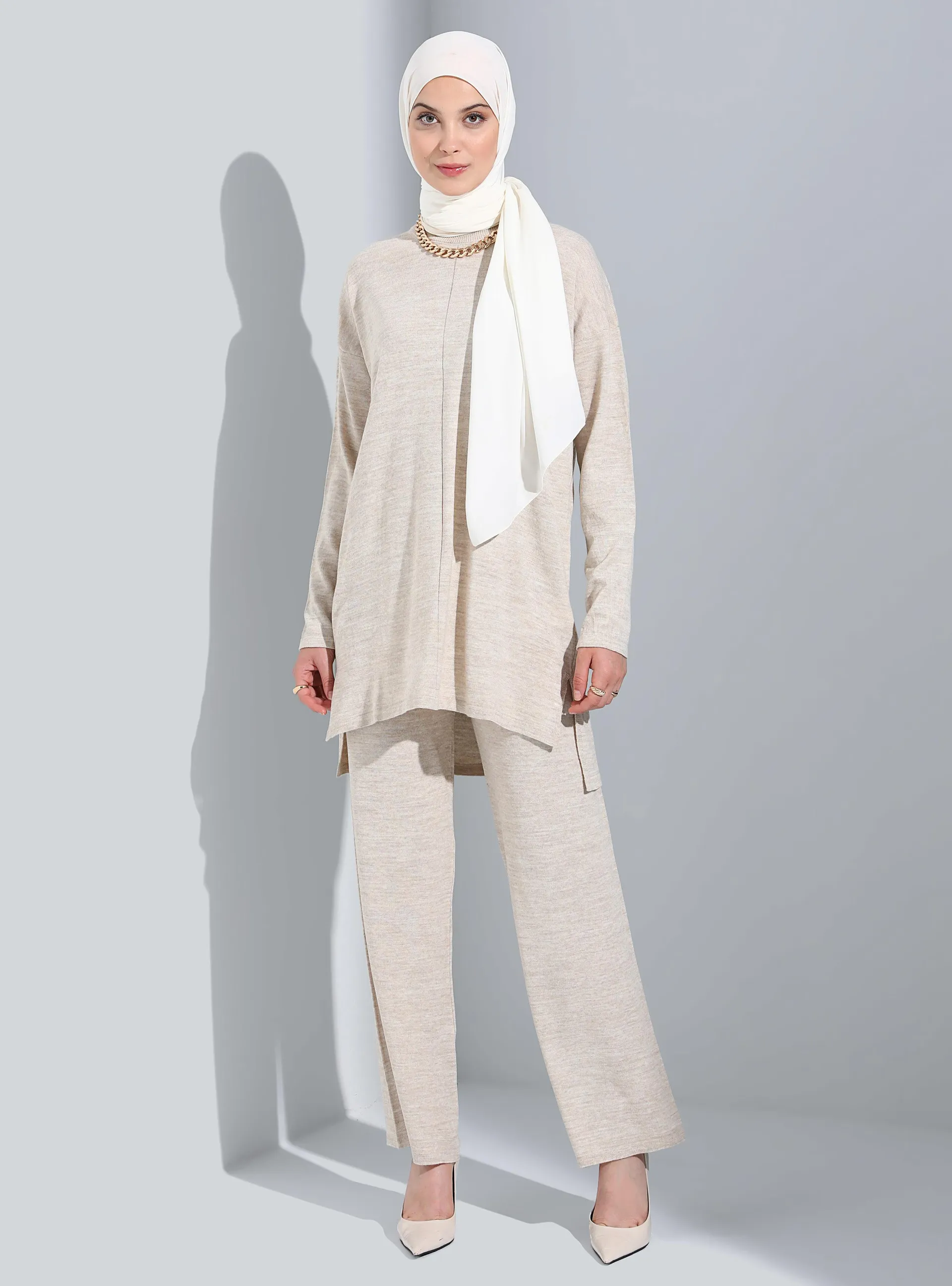 Tunic&Pants Knitwear Co-Ord Set Open Stone