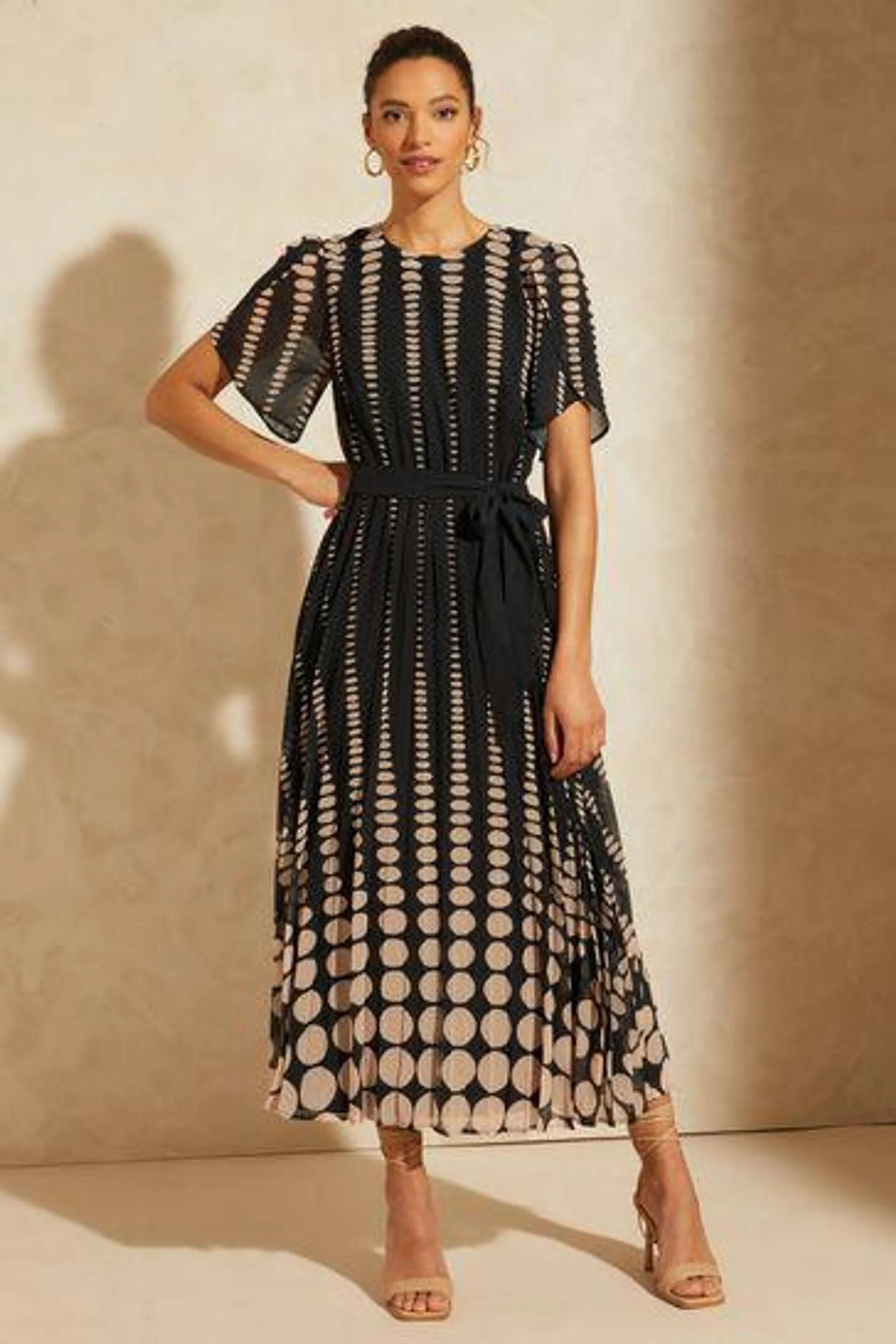 Love & Roses Printed Tulip Sleeve Belted Pleated Midi Summer Dress