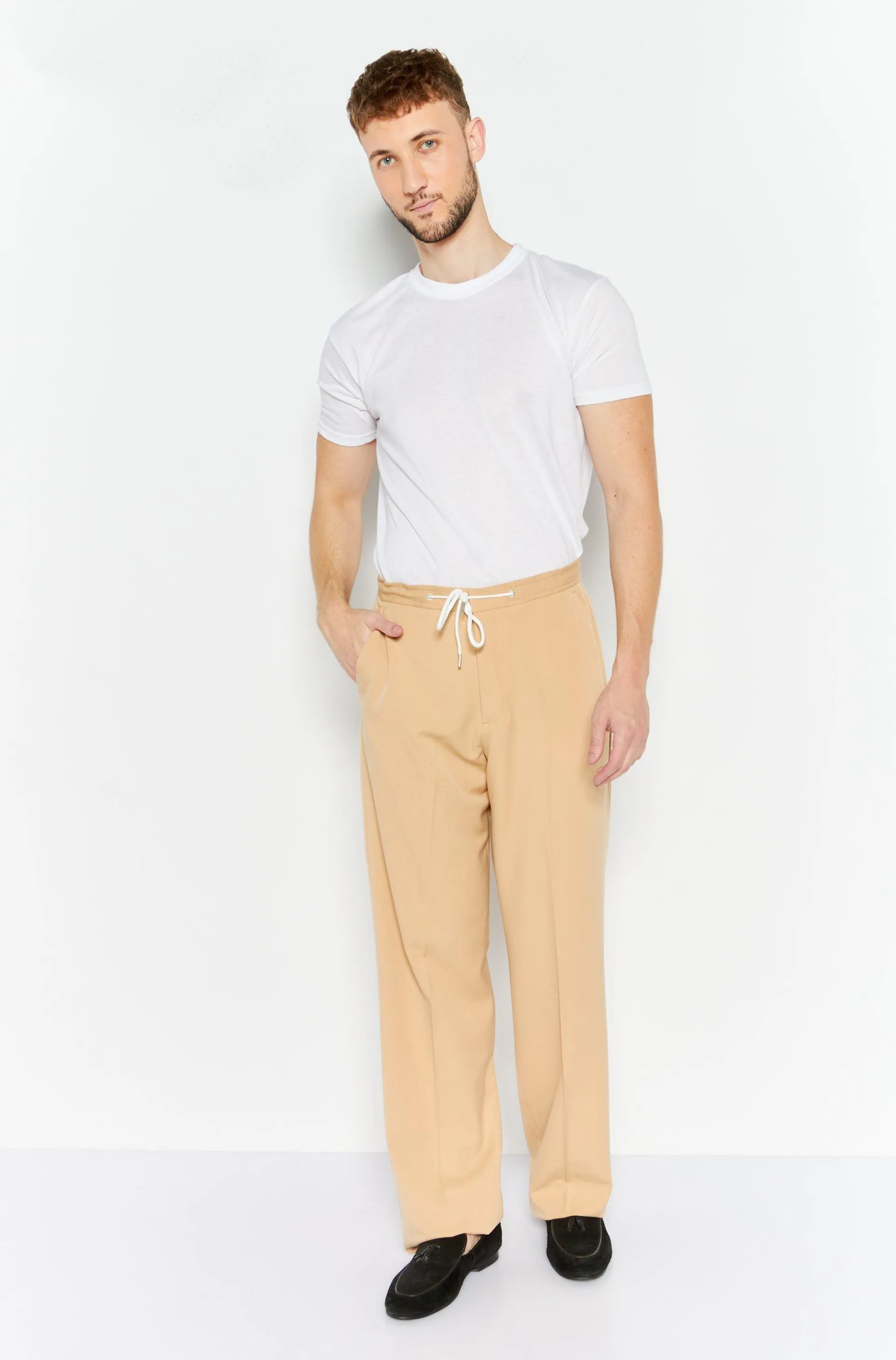 Men Regular Fit Plain Wide Chino Pants, Beige