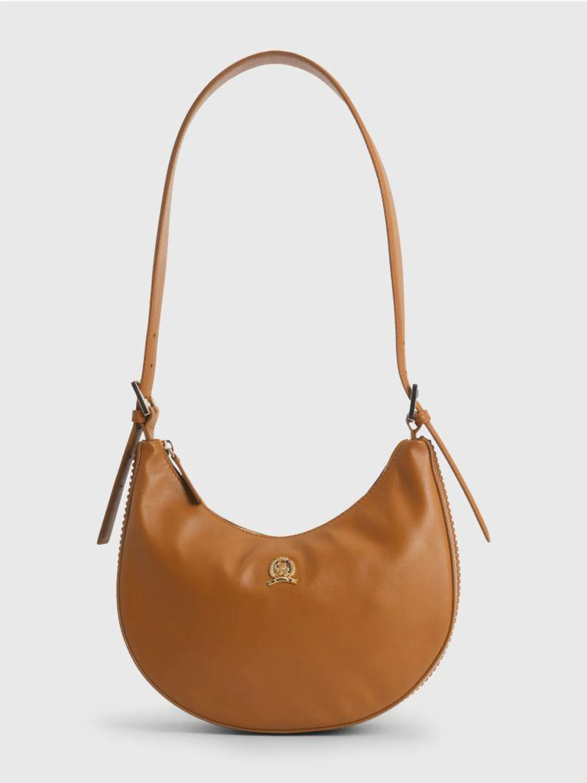 Leather Crest Plaque Hobo Bag