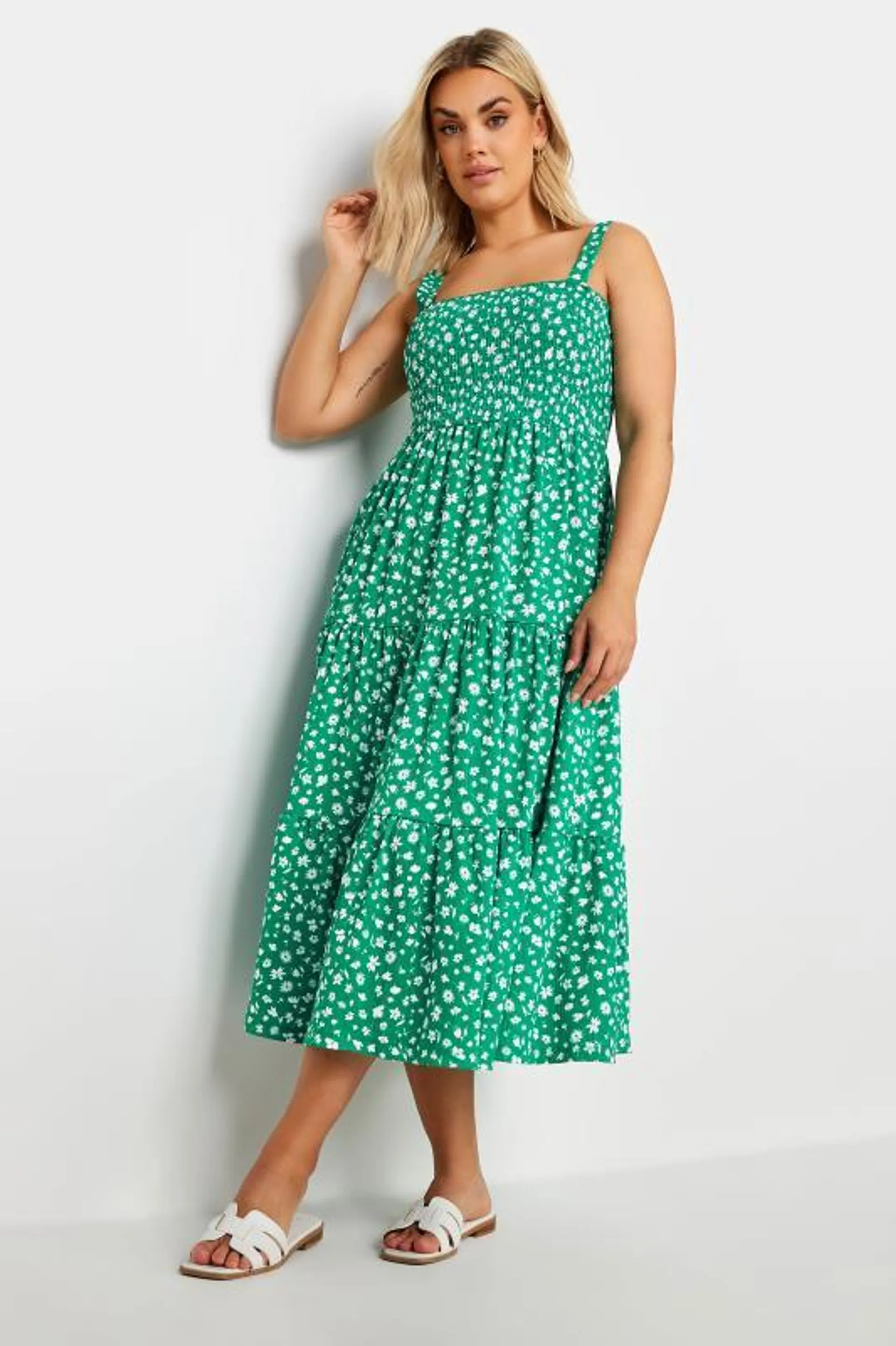 YOURS Curve Green Ditsy Floral Print Shirred Dress