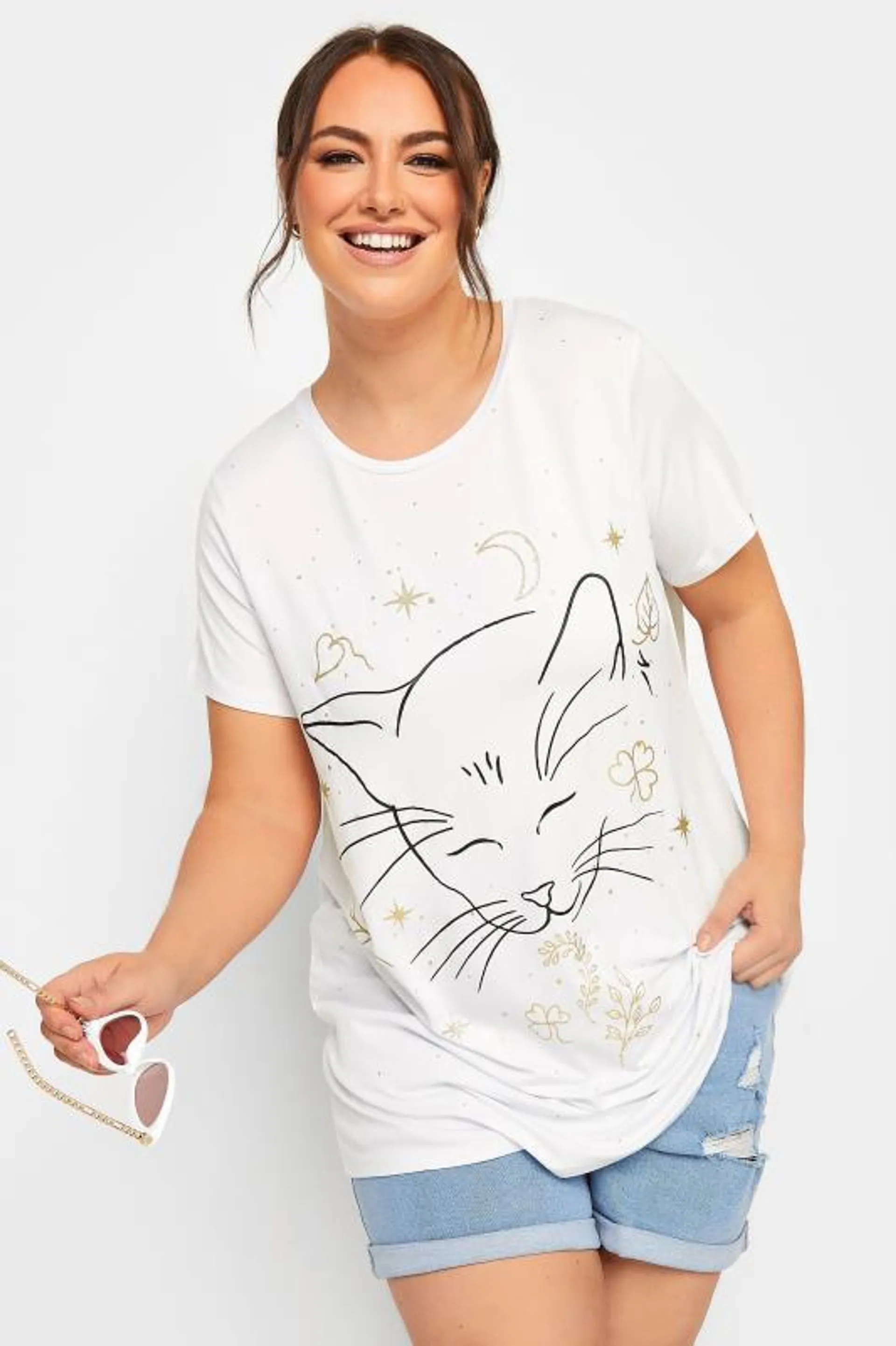 YOURS Curve White Glitter Printed T-Shirt